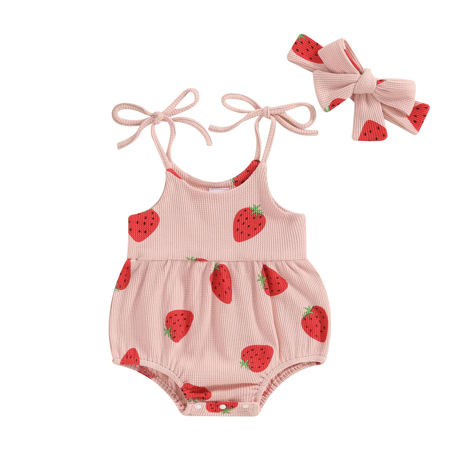 Kayotuas Newborn Infant Baby Girl Strap Sleeveless Romper Halter Floral Bodysuit Bubble One Piece Shorts Overalls Cute Outfit (Waffle Knit Pink Strawberry, 18-24 Months)