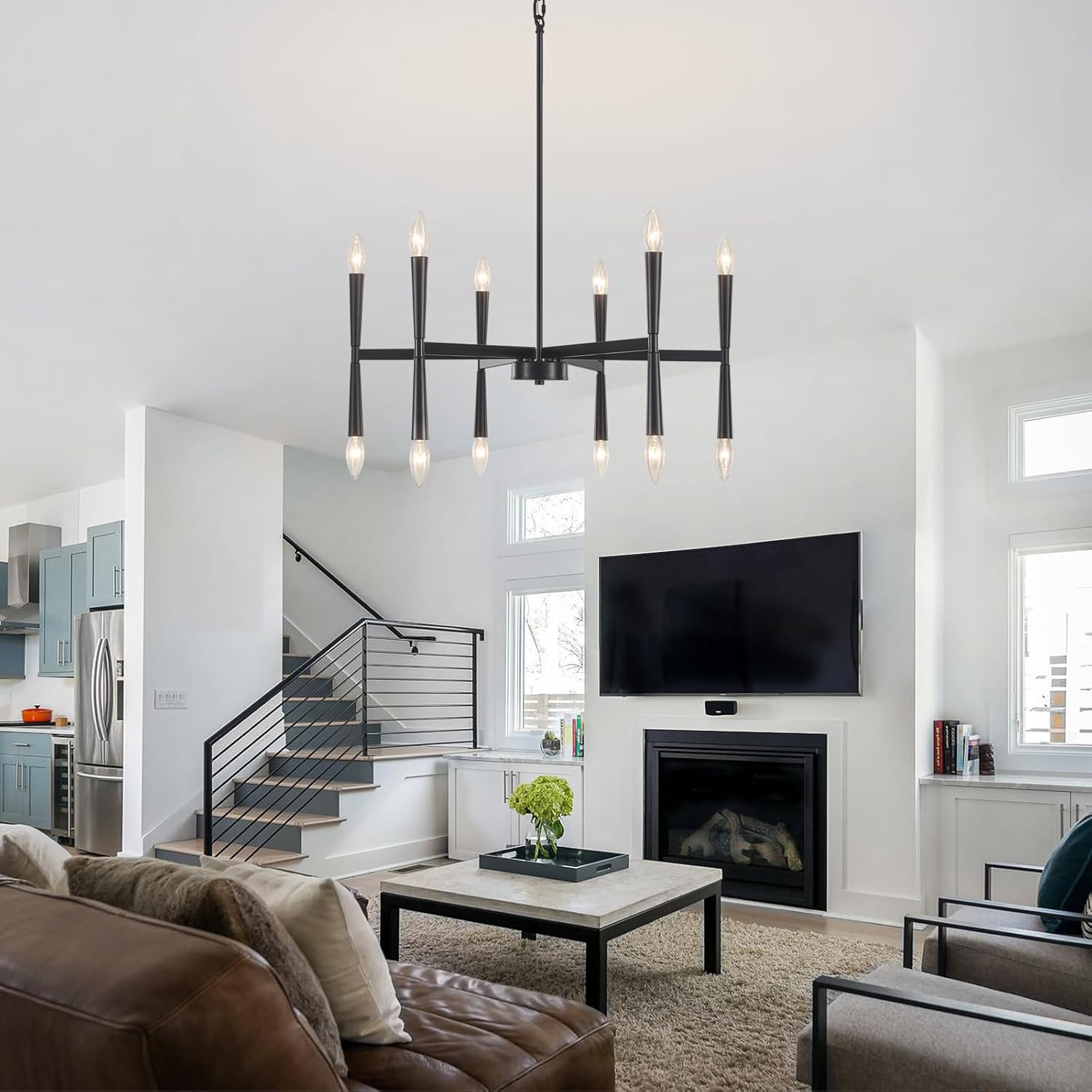 27.56 inch Large Black Modern Farmhouse Chandelier, Foyer Entryway Chandelier Light Fixture, Kitchen Pendant Lights Metal Industrial for Bedroom Dining Room Over Table Living Room Laundry Room