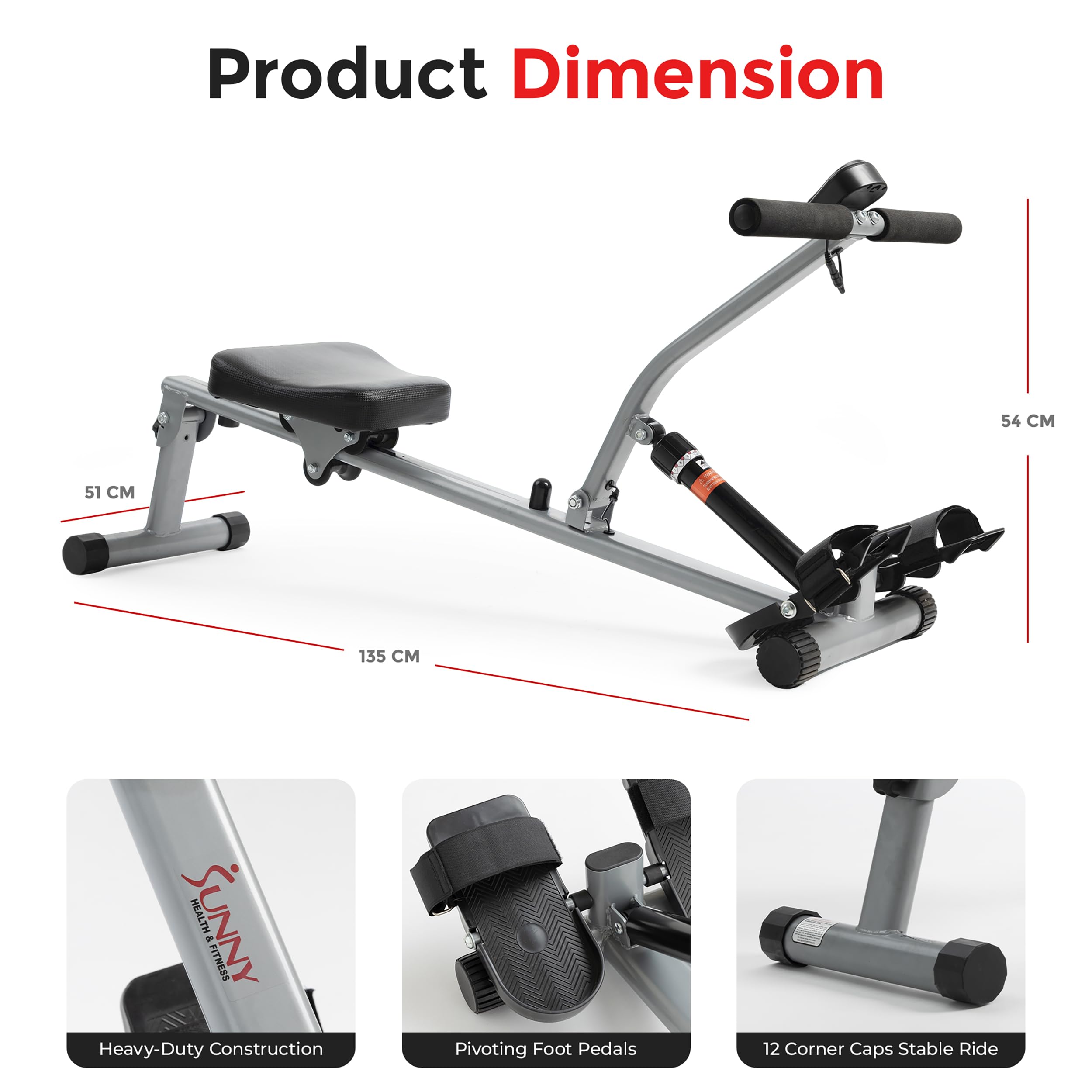 Sunny Health & Fitness Compact Adjustable Rowing Machine, Cardio Exercise Equipment with 12 Levels of Resistance for Complete Body Workouts and Optional Free SunnyFit App Enhanced Connectivity