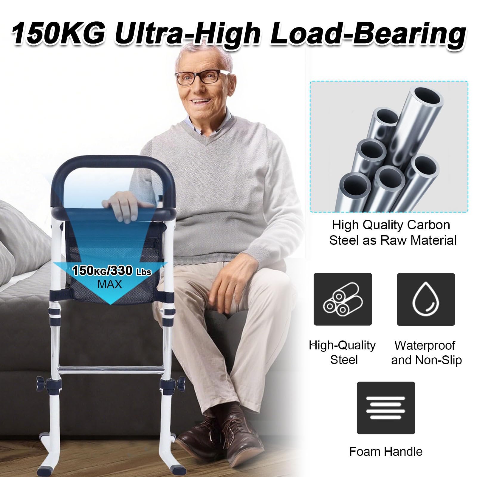 Aide pour Se Lever du Lit avec Pieds Antidérapants,Aide à la Station Debout pour Personne âgée,Salle de Bain,Toilettes 75-91 cm Réglable,Charge Max 136 KG