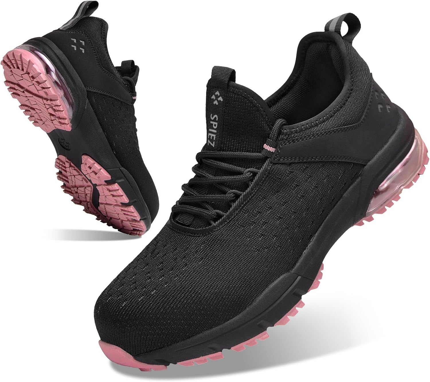 SPIEZ Women's Safety Shoes Lightweight - Air Cushioned Non-Steel Composite Toes, Puncture Proof, Fashion Slip on Work Shoes for Construction, Warehouse, Black Pink, Size 6-9.5