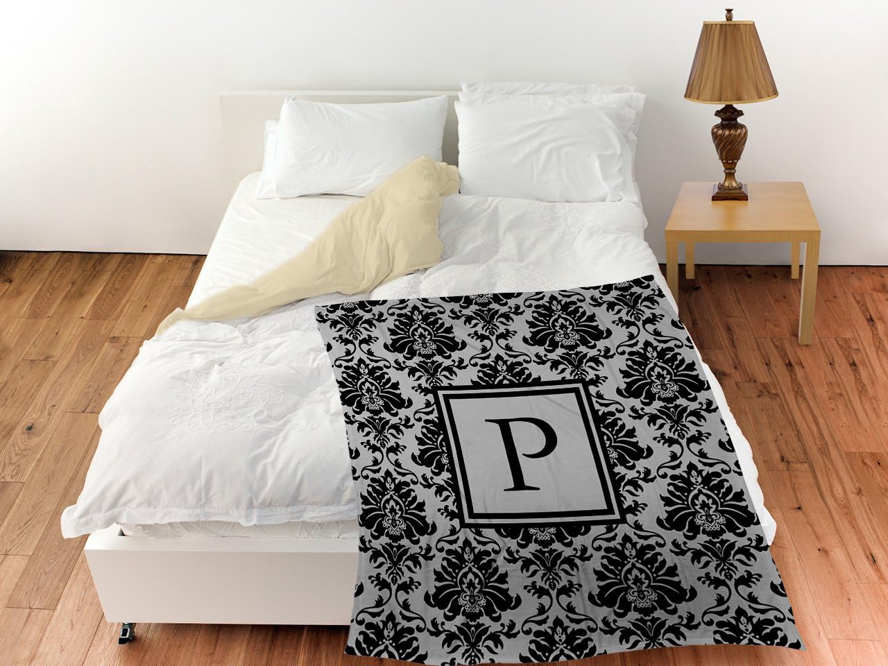 Manual Woodworkers & Weavers Coral Fleece Throw, 50 by 60-Inch, Monogrammed Letter P, Black and Grey Damask