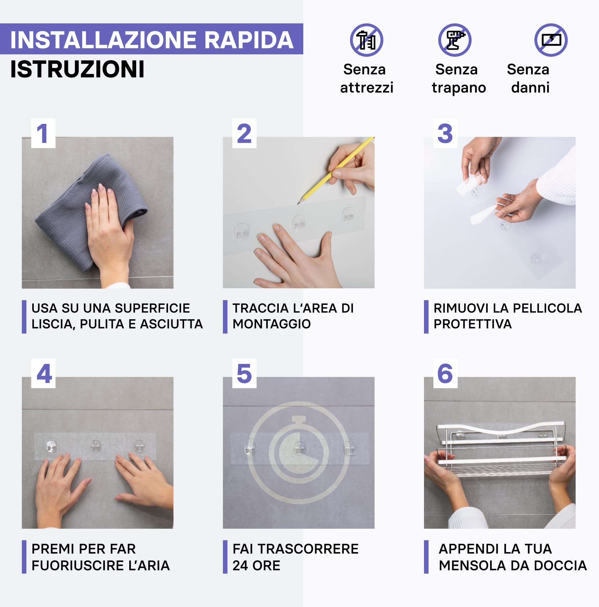 KINCMAX Mensola doccia senza foratura, in acciaio inox, antiruggine, autoadesiva, per il bagno con ganci (argento)