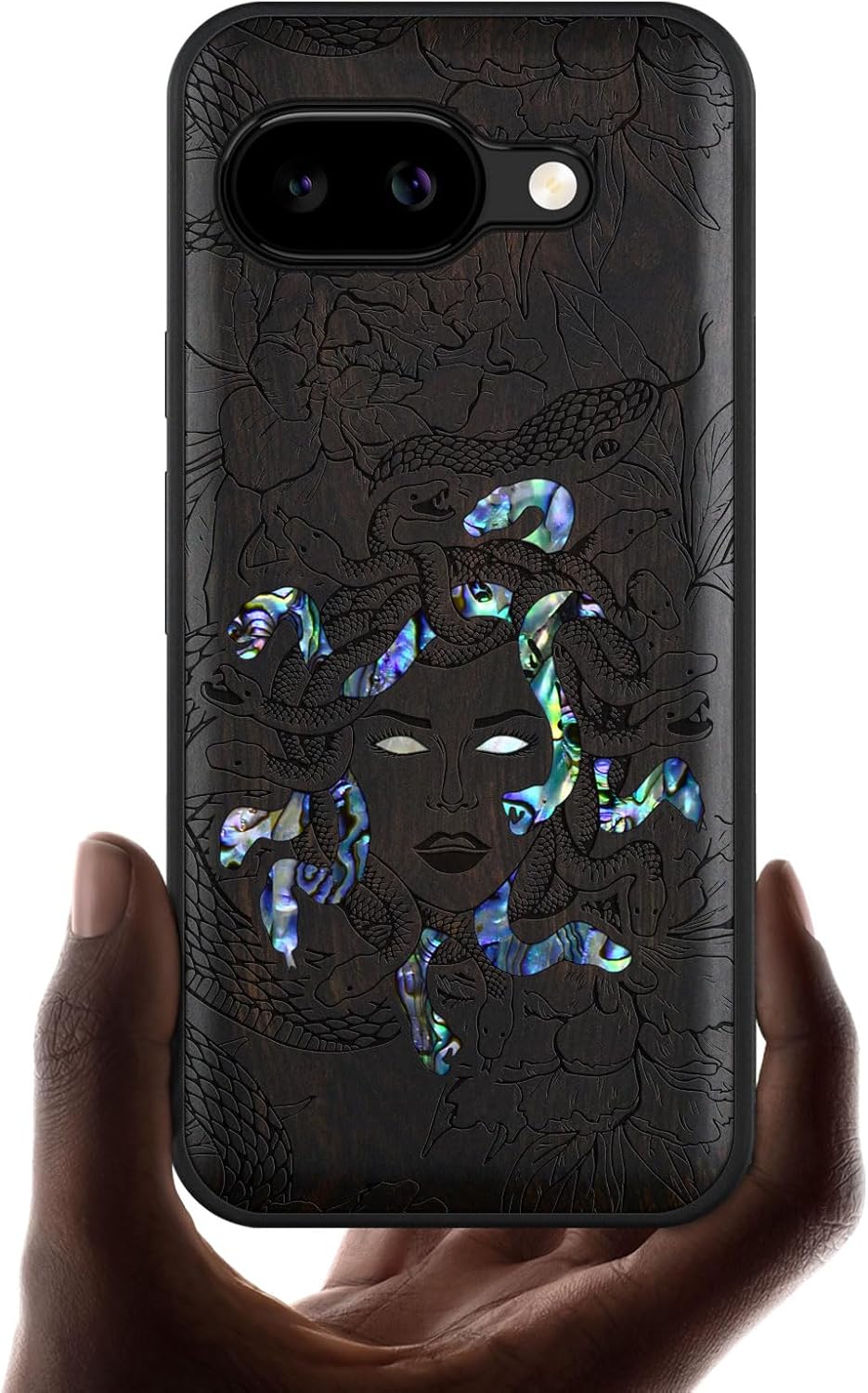 Carveit Magnetic Wooden Case for Google Pixel 9a Case, Wood Artisan Engraved & Handmade Shell Inlaid, Compatible with MagSafe Wireless Chargers (The Medusa Enigma) Blackwood