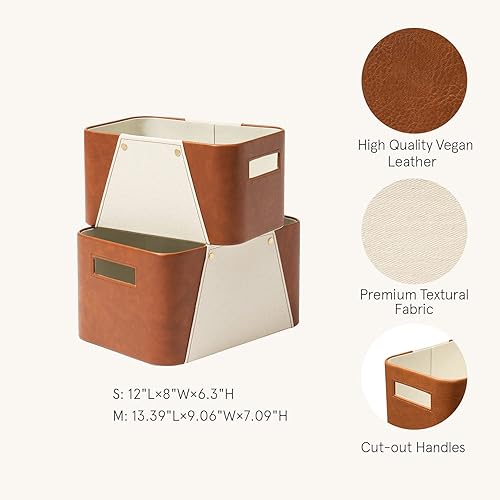 LA JOLIE MUSE Cestas de almacenamiento para organizar, paquete de 2, cajas de almacenamiento de cuero vegano marrón de lujo y tela gris beige para