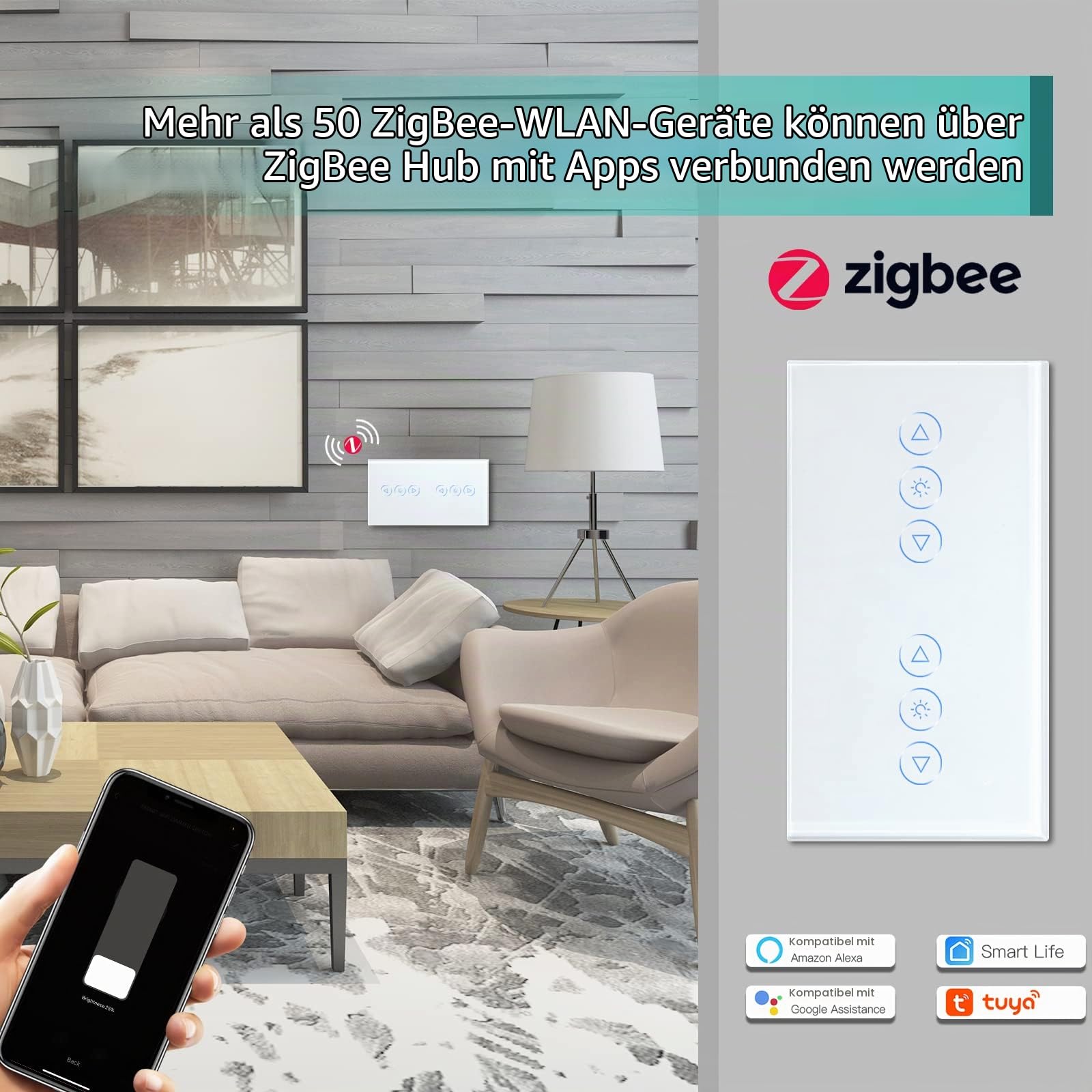 BSEED Zigbee Doppelt Dimmer Schalter Alexa Berührung Wandschalter Glasscheibe Dimmerschalter Alexa/Tuya/Google kompatible Glas(ZigBee Hub Erforderlich) Weiß