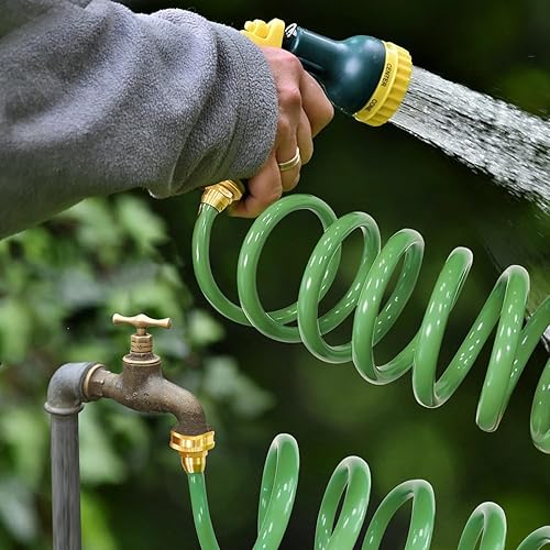 Miniatura 8 de Sutekus Manguera de bobina, manguera de agua, manguera de barco en espiral, manguera de jardín autoenrollable ligera con accesorios de latón de 34