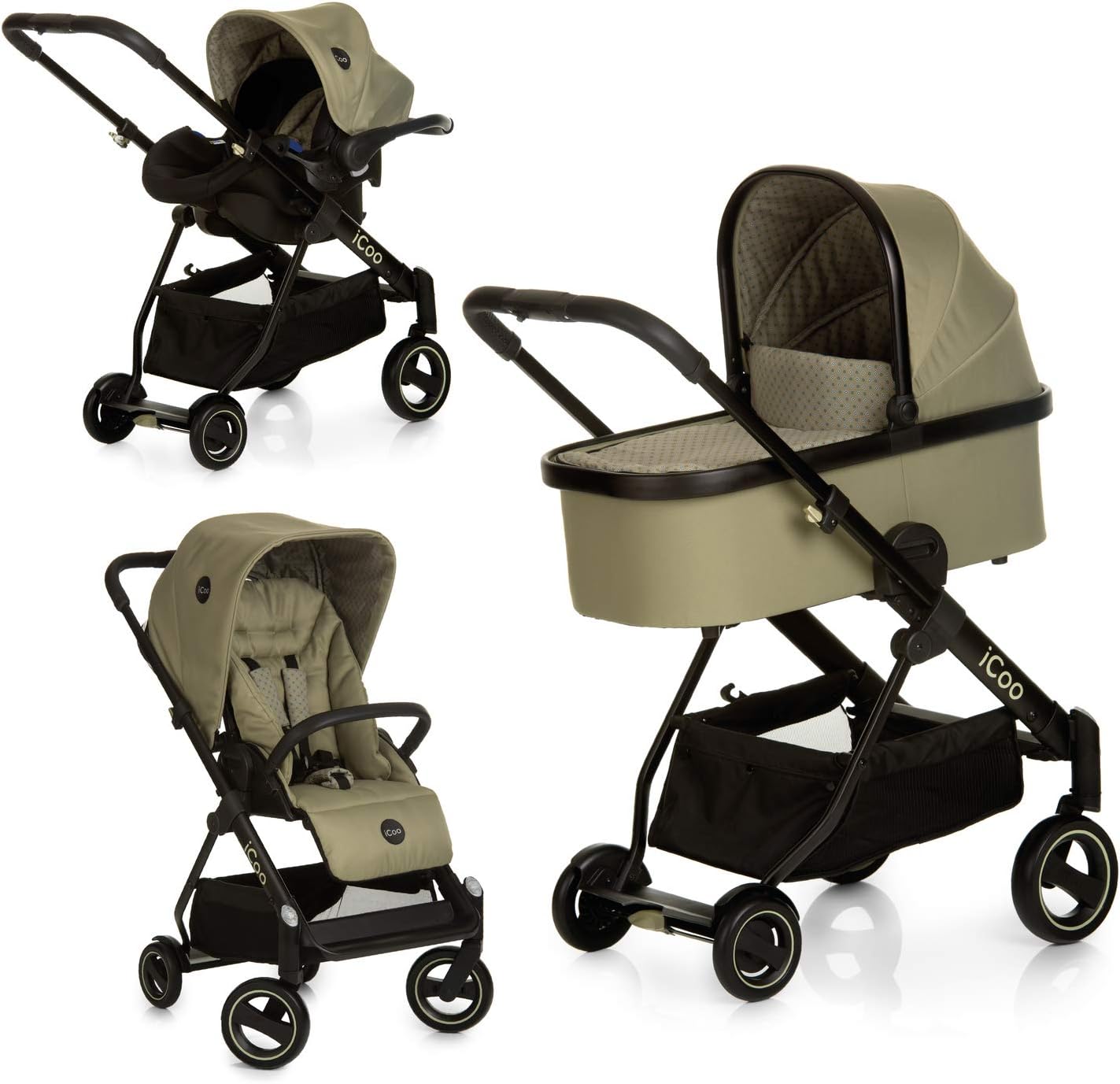 Acrobat XL Plus Trio Set Pushchair up to 25 kg with Lying Function + Boot Cover + Pram + Infant Car Seat from Birth, Foldable with One Hand, Light, Height-Adjustable, Reflectors โ Green