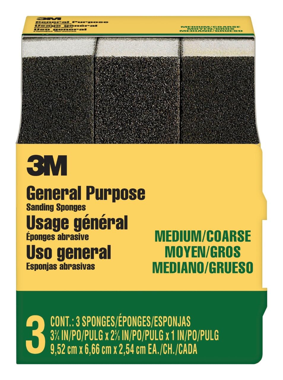3M Średnia/gruba gąbka szlifierska, 3-3/4" x 6,25 cm x 2,5 cm, 3-pak