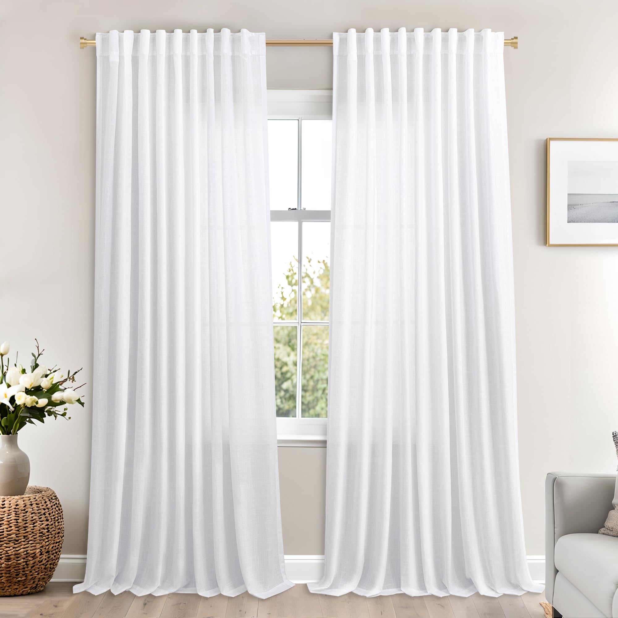 Mrs.Naturall White 72 by 108 Inches Long Back Tab Linen Blend Sheer Curtains — image 1