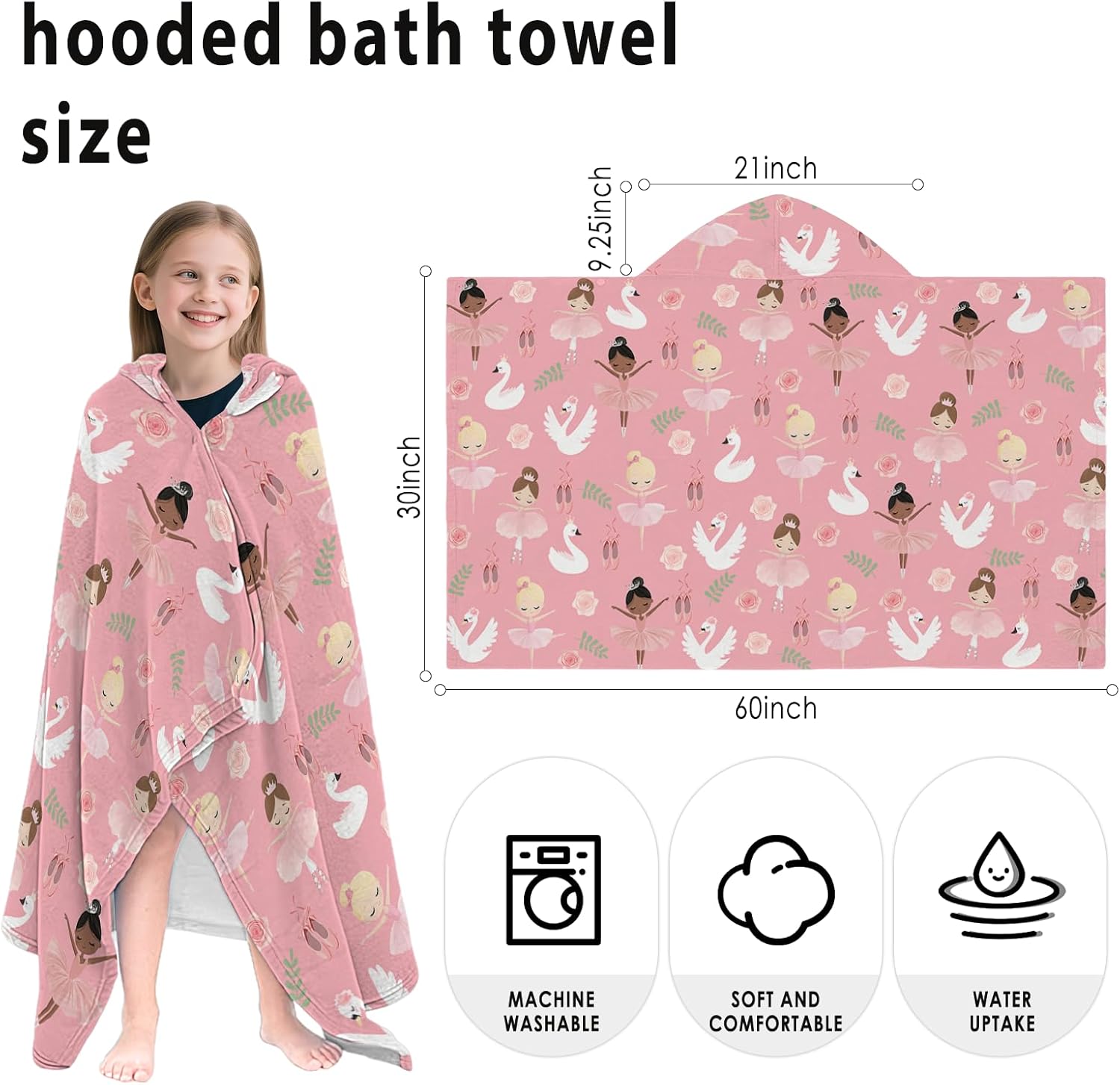 Dance Hooded Beach Towel for Kids, Pink Hooded Towels for Toddlers 30" x 50", Kids Beach Towels for Pool, Travel, Swim, Ballet Wearable Bath Towel for Girls, Toddlers - Image 2
