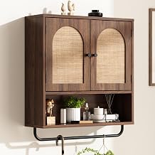 RUSTOWN Rattan Bathroom Wall Cabinet, Boho Medicine Cabinet with 2 Doors | Arched Doors, Farmhouse Over The Toilet Storage Cabinets, Adjustable Shelves, Towel Bar, 3-Tier Wall Mounted Cabinets