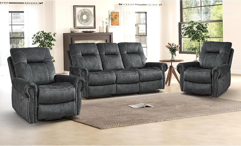 3 Pieces Reclining Couch Furniture Set for Living Room, Double 1 Seat Power Recliner Chair with Massage and Heat, a 3 Seater Manual Sofa, Vintage Rivet Mid-Century Design, Grey