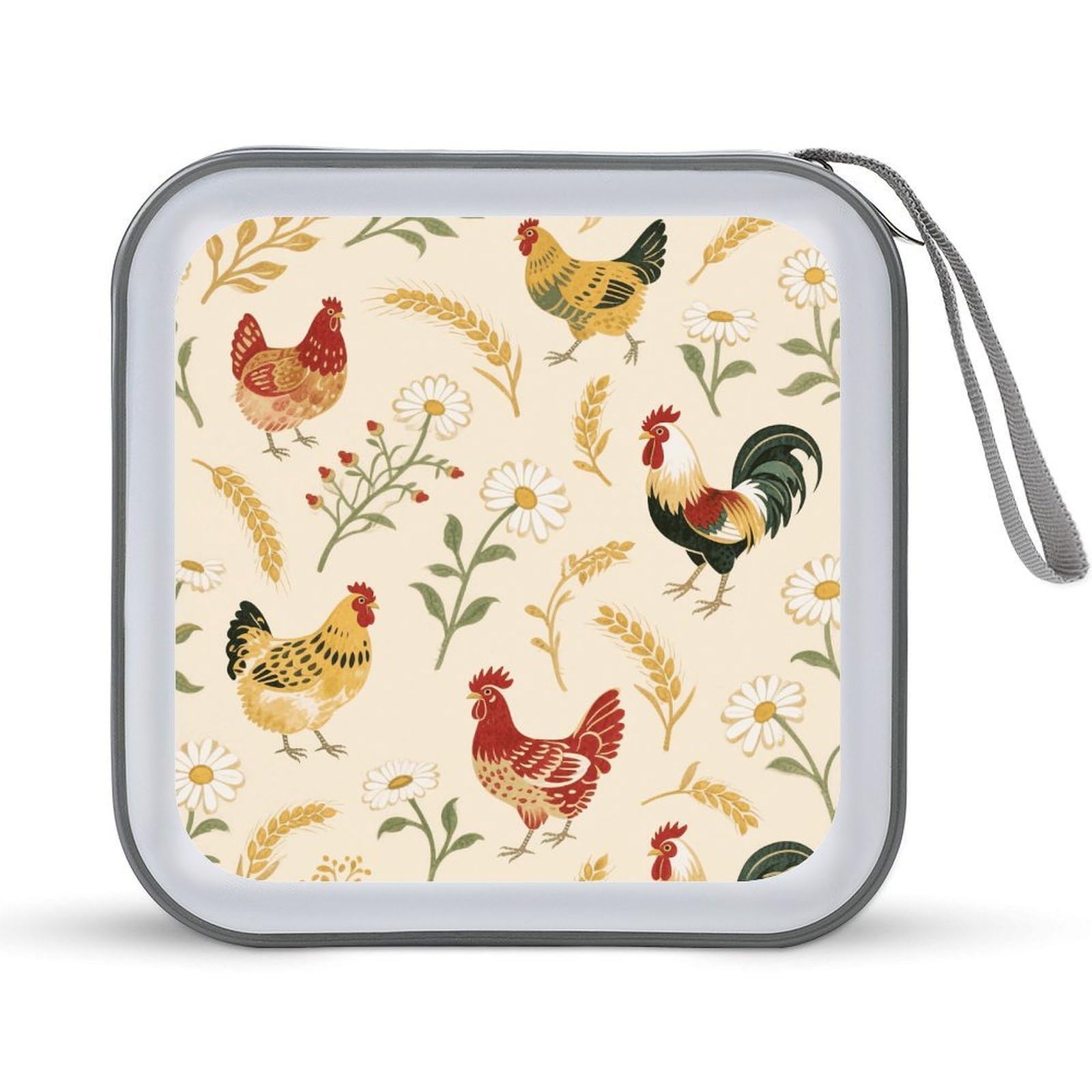 VstaDank Chicken And Rooster Print DVD Case With Zipper Portable CD Case Hardshell DVD VCD Binder Storage Box EVA Protective Blu-ray Wallet 40 Capacity CD Wallet Movie Music Media Disc Wallets