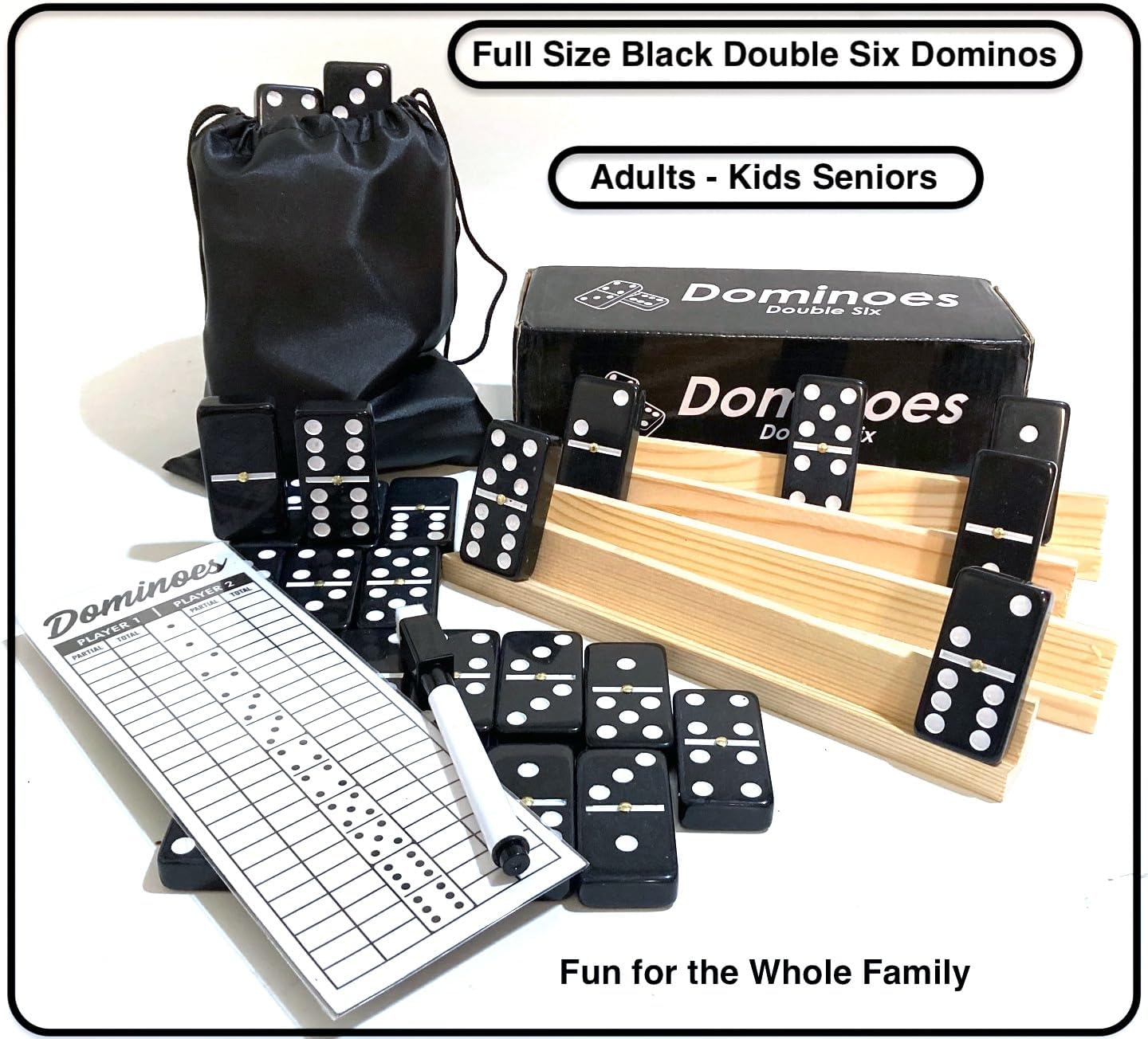 PRK 14 Double Six Dominoes Large Size Full Set Comes with Score pad & Pen 4 pcs Wooden Domino Racks and Black Dominos Bag Adults Seniors Black Color (01)