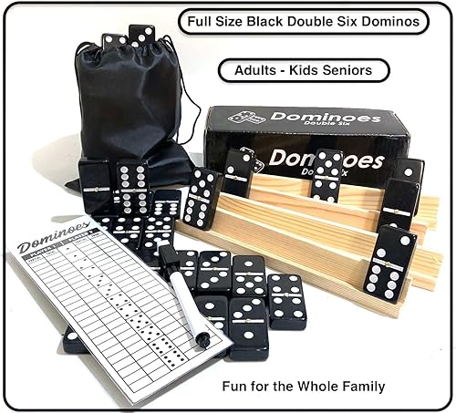 Miniatura 7 de Double Six Dominoes - Juego completo de tamaño grande viene con almohadilla de puntuación y bolígrafo, 4 estantes de dominó de madera y bolsa de