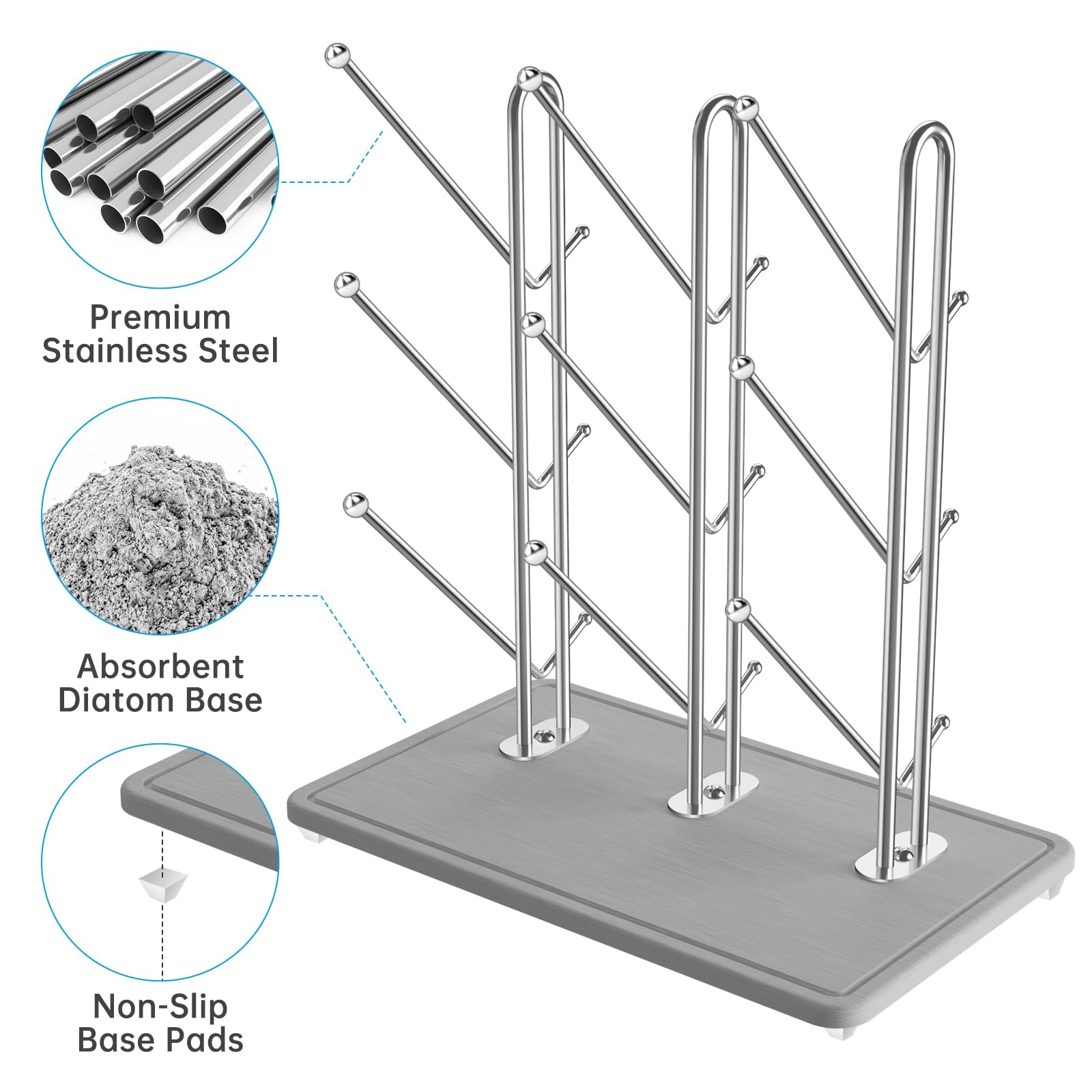 NiHome Baby Bottle Drying Rack with Diatomite Base & Stainless Steel Frame, Foldable Countertop Organizer Holds 9 Bottles - Image 2