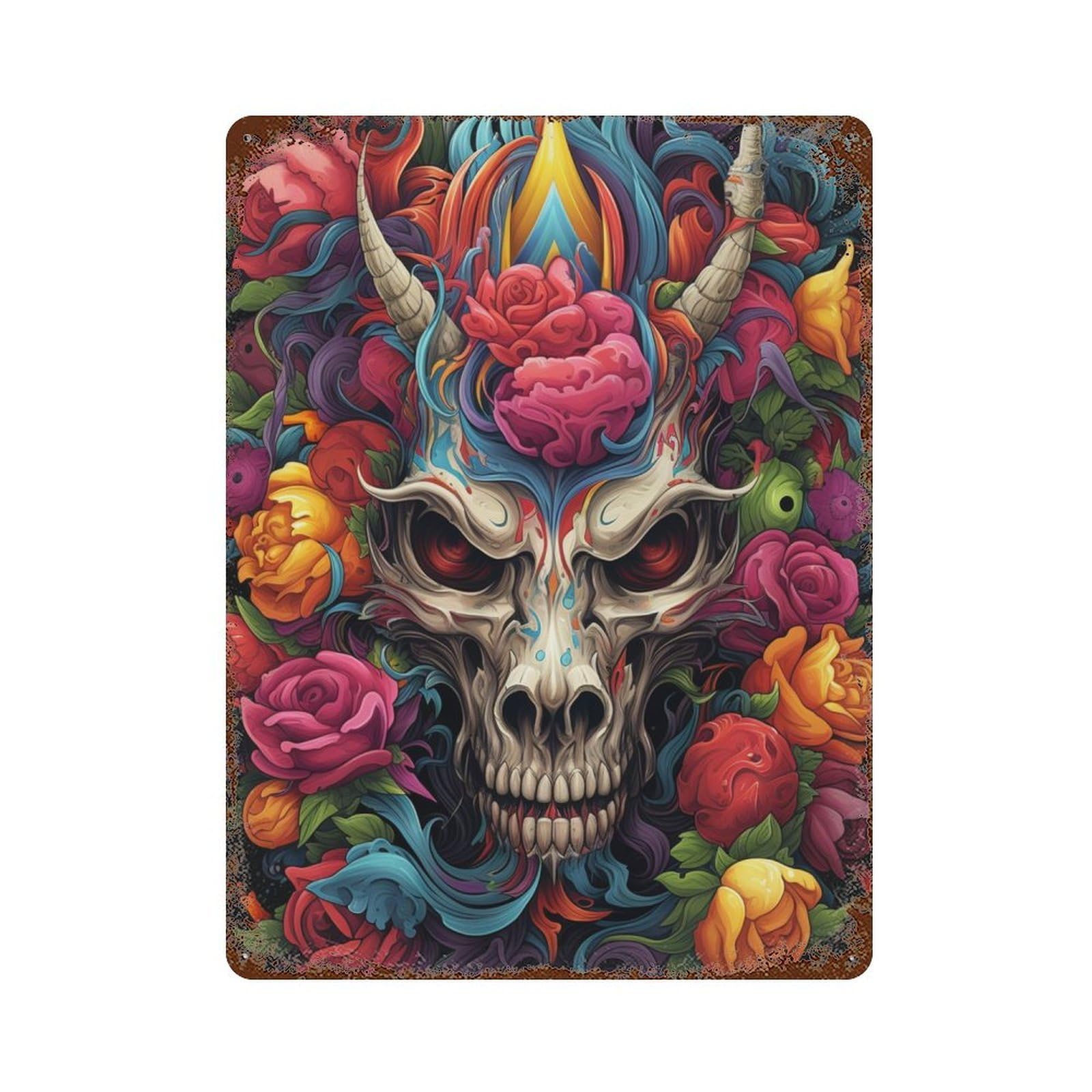 Colorful Skull Artwork Rusty Metal Tin Sign 15.7"x11.8", Ideal for Shed, Workshop And Garage Wall Decor