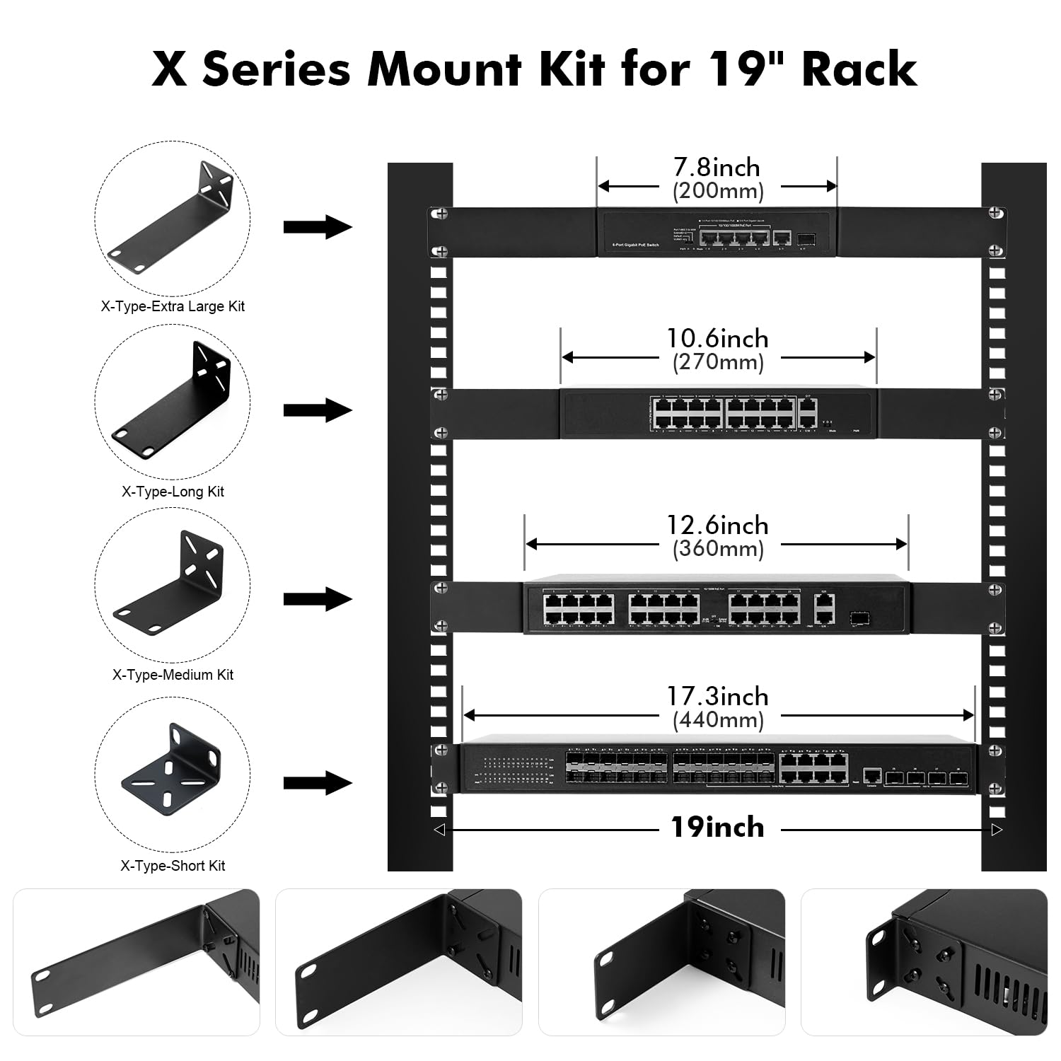 MokerLink Kit di montaggio a rack per switch da 20,1 cm, distanza del foro regolabile 14-30 mm, montare un rack da 7,9 pollici di larghezza a 19 attrezzature, compatibile per Netgear, Cisco, HP,