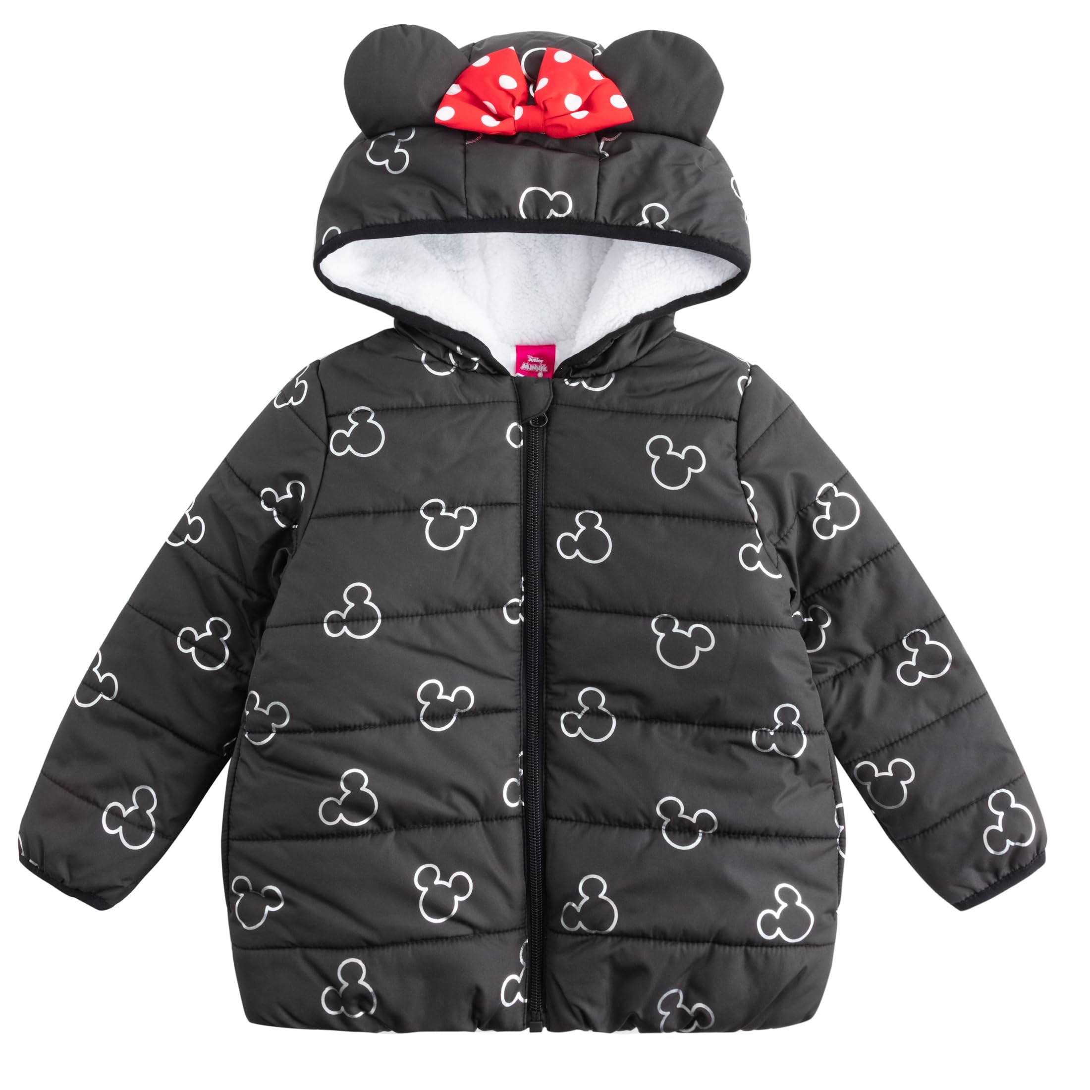 Disney Minnie Mouse Girls Puffer Jacket with Ears and Bow for Toddlers, Little Kids, and Big Kids