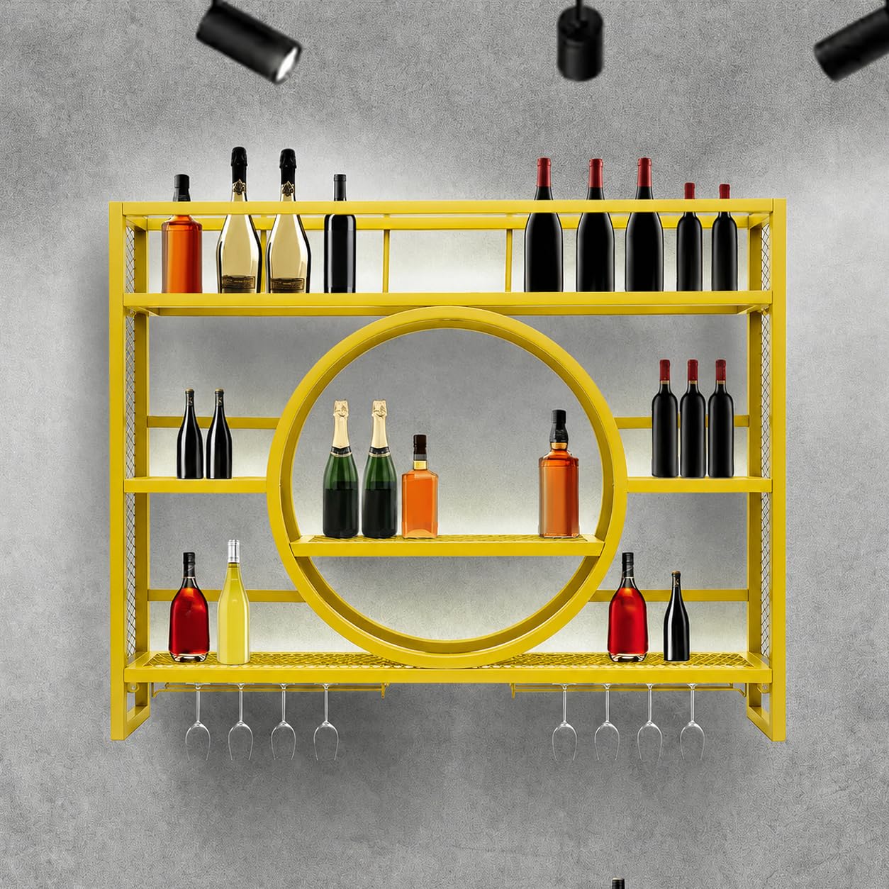Zertylre Wall Mounted Metal Wine Rack with LED Lighting, Wine Rack For Cupboard, 3-Tier Metal Bar Shelf with Glass Holder & Rust-Proof Coating for Home, Restaurant, Bar (Gold, 100cm×15cm×80cm)