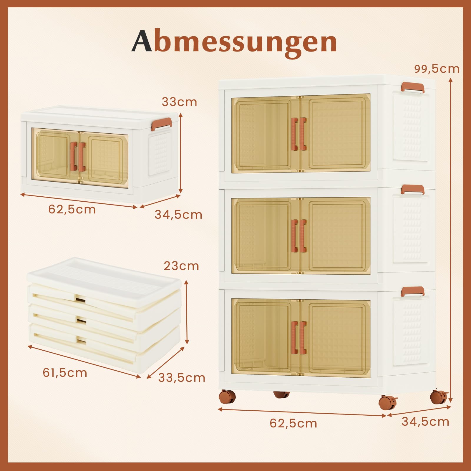 COSTWAY Aufbewahrungsbox mit Deckel, 52Lx3 Stapelboxen faltbar, Aufbewahrungsbehälter mit Rollen & transparenten Türen, Kunststoffbox Ordnungsboxen durchsichtig