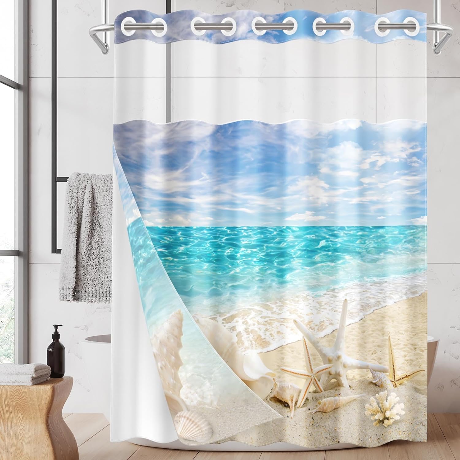 No Hook Beach Summer Shower Curtain with Snap in Fabric Liner Set, Starfish Seashell Sea Double Layers Waterproof Fabric with See Through Top Window Open Grommet Bath Curtain 71x74 Inch