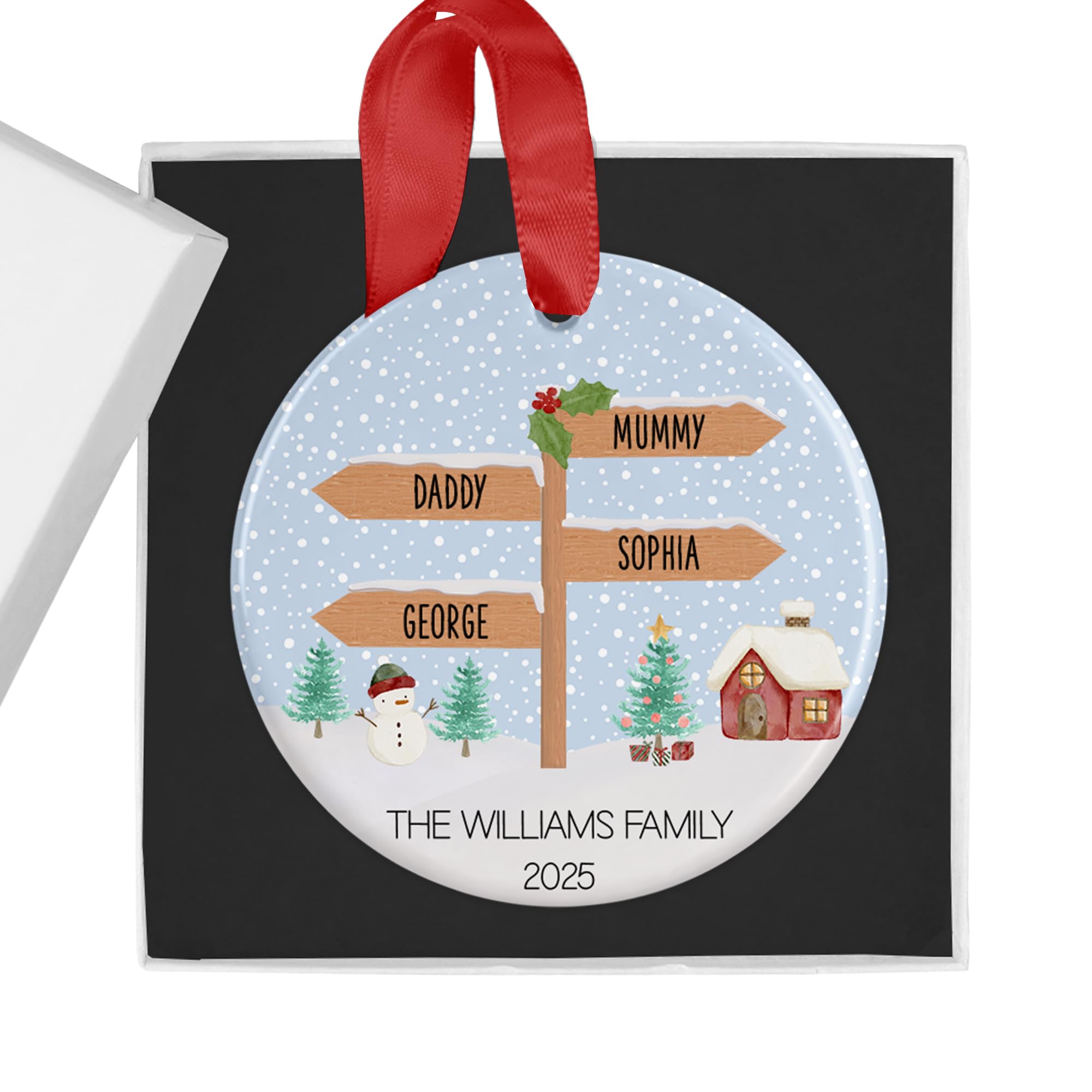 North Pole Signpost, Family Christmas Ornament with Names, Personalised Christmas Bauble for Xmas Tree, Christmas Tree Decoration, with Gift Box
