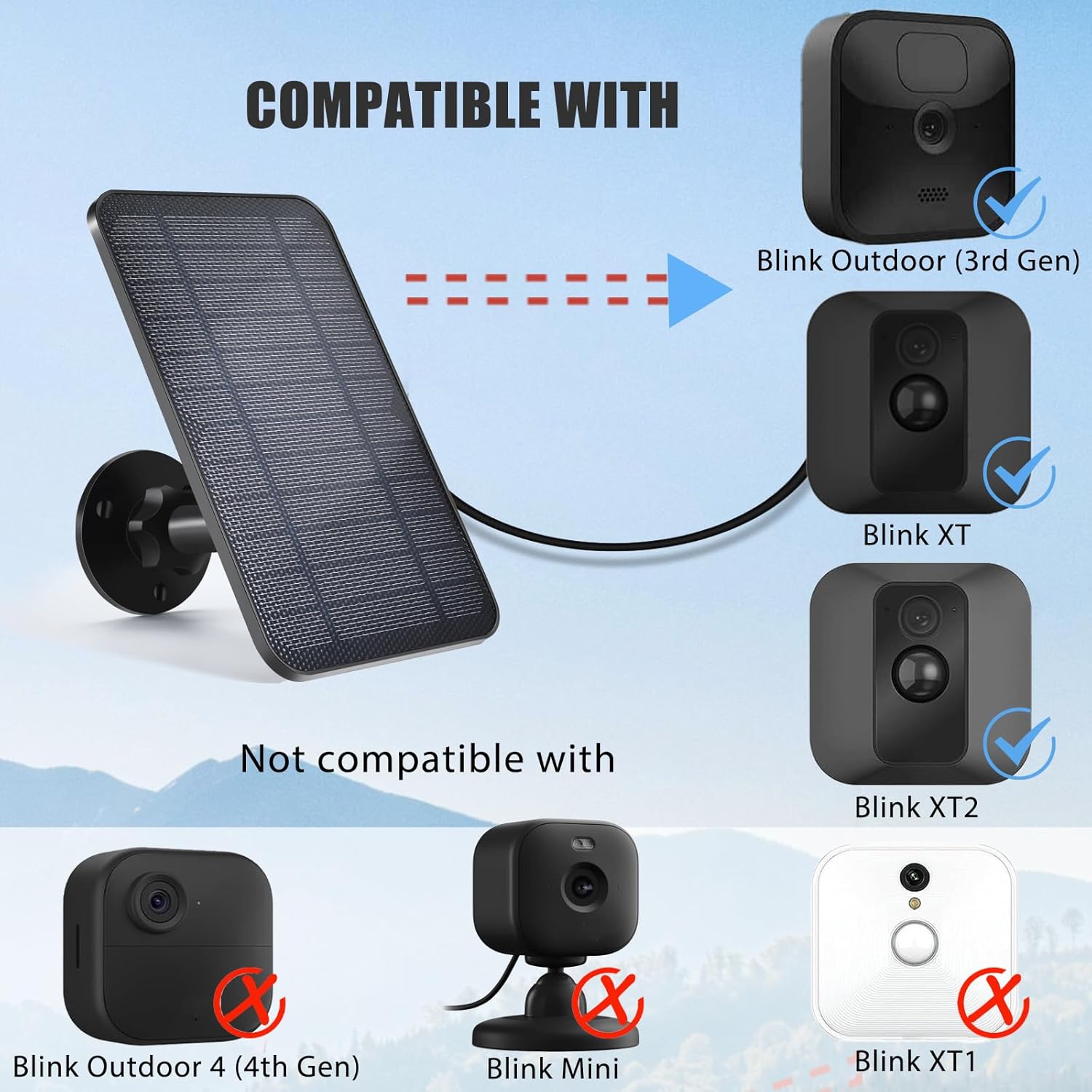 Solar Panel for Blink Camera, Solar Panel Compatible with Blink Outdoor (3rd Gen) XT XT2 Camera, IP65 Waterproof, 13.12ft Cable, Wall Mount
