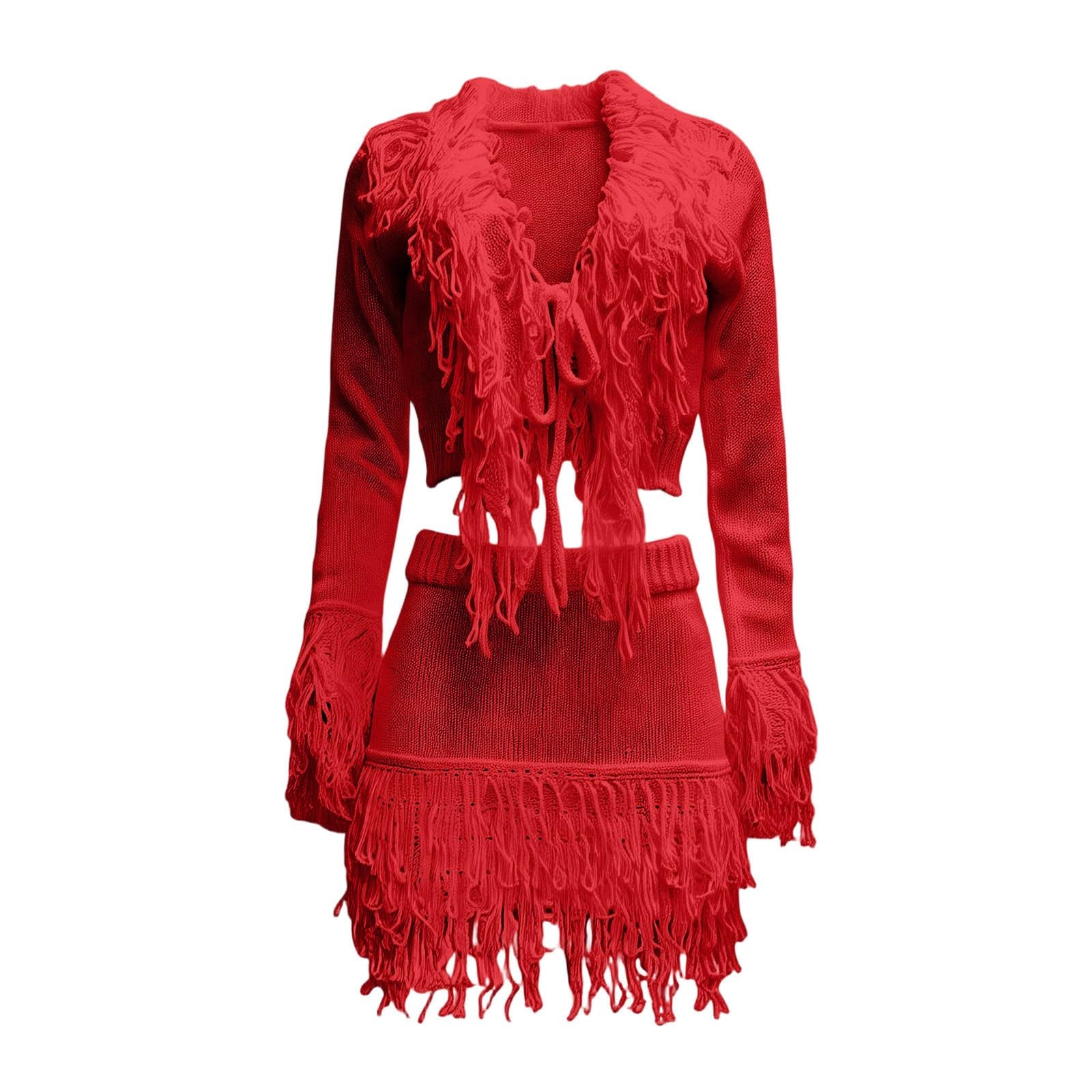 Traje de Falda Femenino Elegante con y Flecos de Punto para Temporada Otoño Invierno