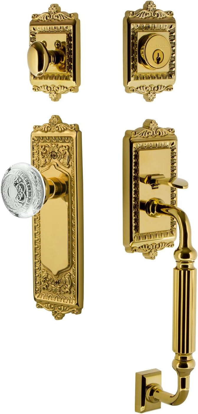 Nostalgic Warehouse 755553 Egg & Dart Plate F Grip Entry Set Crystal Egg & Dart Knob, 2.75", Antique Brass