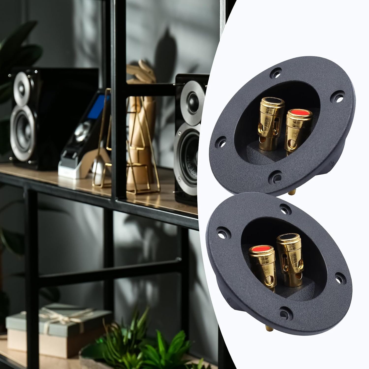 2Pcs 3" x 3" Speaker Box Terminal Cup DIY Double Binding Round Gold Plate Push 2 Way Spring Loaded Jacks Speaker Box Terminal Cup Connector with Mounting Screws (Round, 2Pcs)