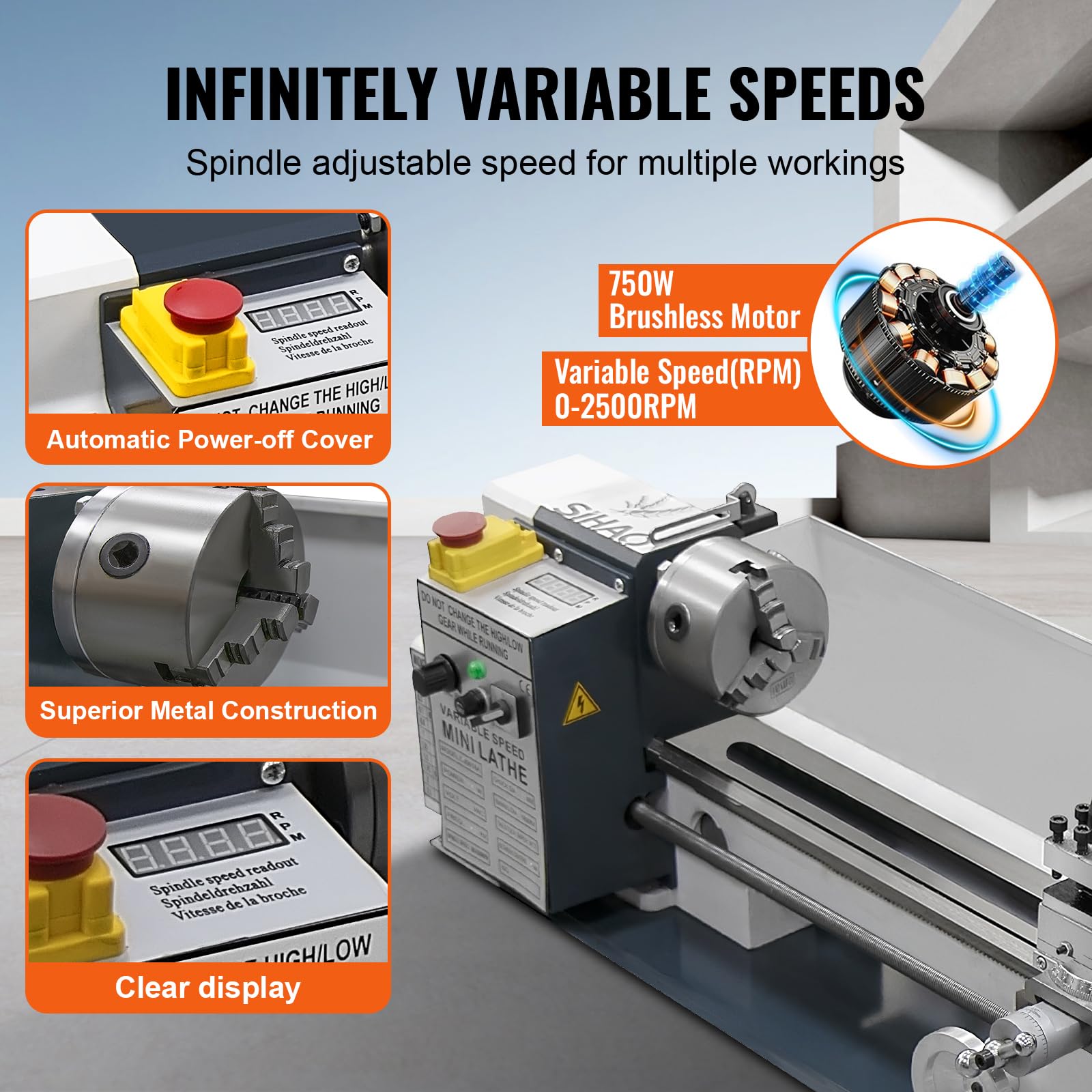 Tornio per Metallo 180MMx350MM 750W Mini Tornio Metallo,Metallo Ingranaggio Con Porta Coltello e Pennello,Velocità Variabile 0-2500 Giri/min,Tornio per Metalli per Filettatura/Tornitura/Foratura