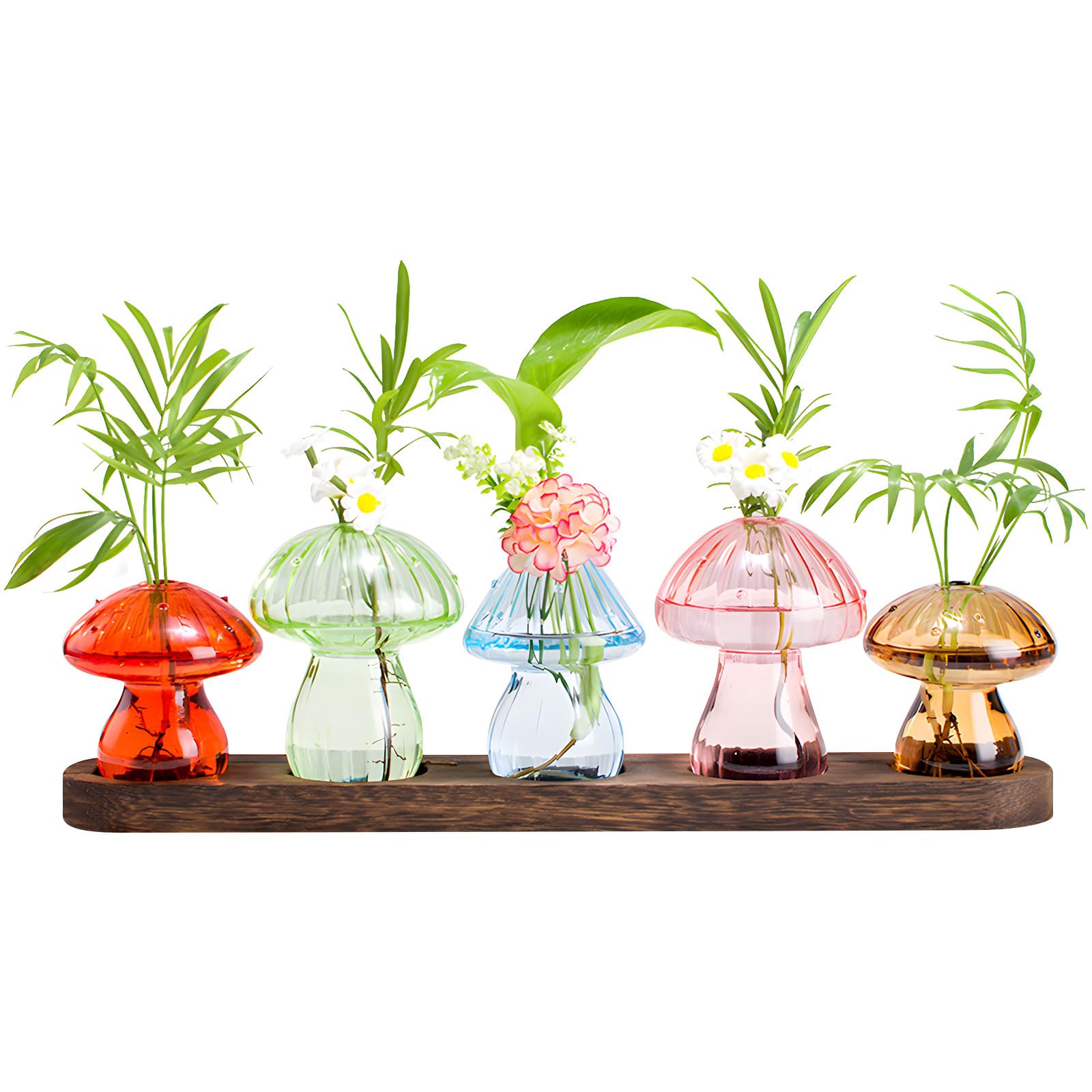 Elnwnnkc Mushroom Planter with Wooden Stand for Home Decors Hydroponic Mushroom Vases Glass Propagation Station for Plant Vases for Propagating Plant