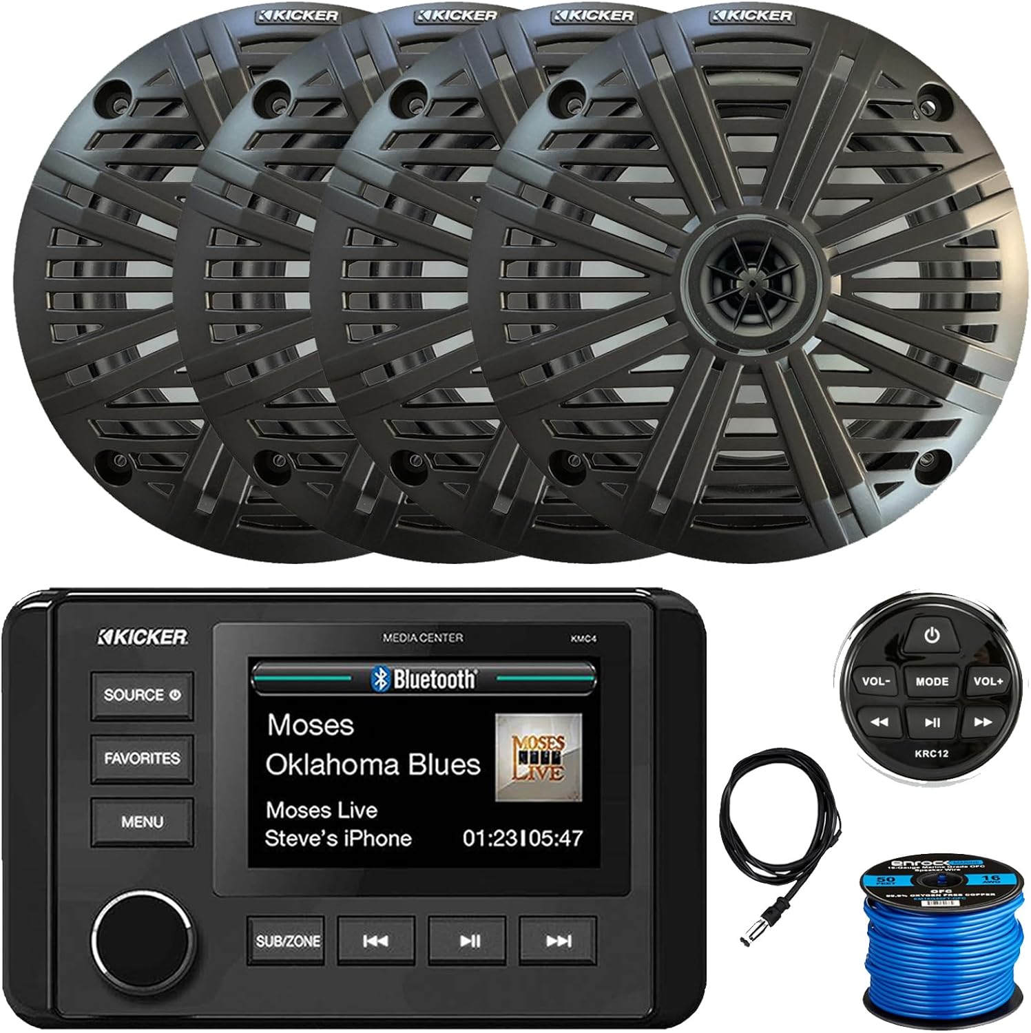 Kicker 51KMC4 3" LCD Marine Bluetooth Weather-Resistant Gauge-Style AM/FM WB/USB/AUX Media Center Receiver W/Remote Control, 4X 6.5 195W Max Power Coaxial Speakers W/Charcoal Grilles, Antenna, Wire