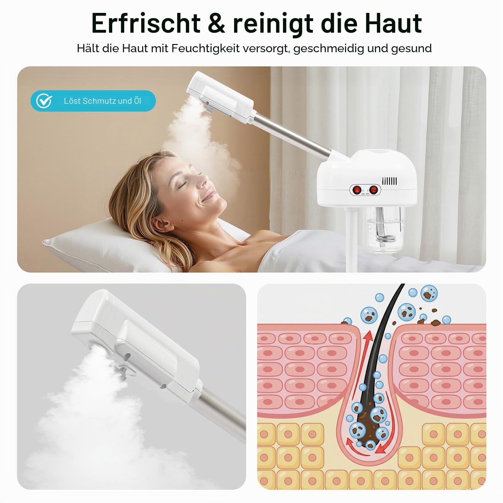 Gesichtsdampfer 800W mit Eisenständer Professioneller 2 in 1 Ozon Dampfgerät mit 360° Drehdüse für Salon & Zuhause 750ml