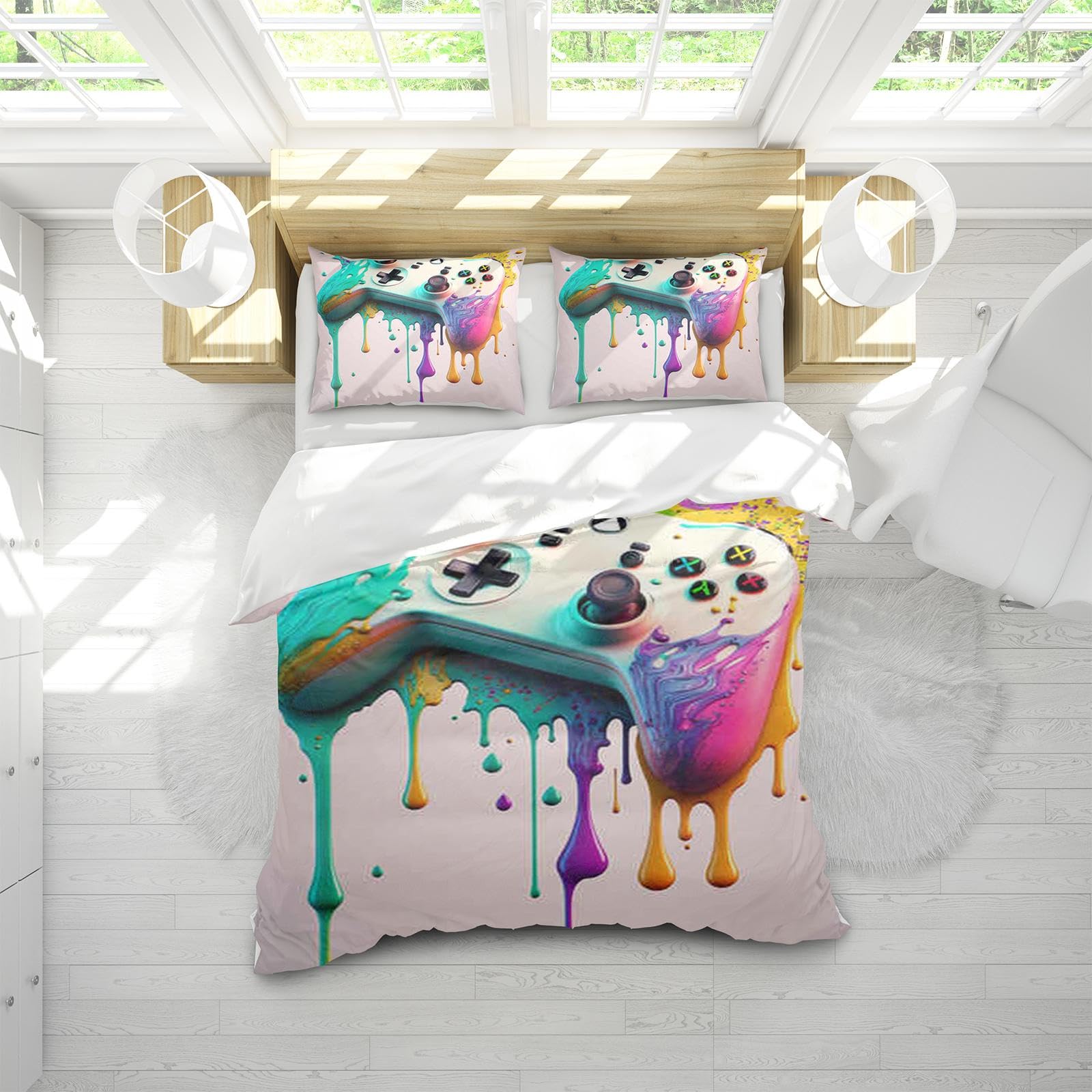 Housse De Couette 90x190 Cm Motif Manette De Jeu (Gamepad), 2 Taies D'oreiller 80x80 Cm, 100% Polyester, Fermeture Zip - Layoomiety