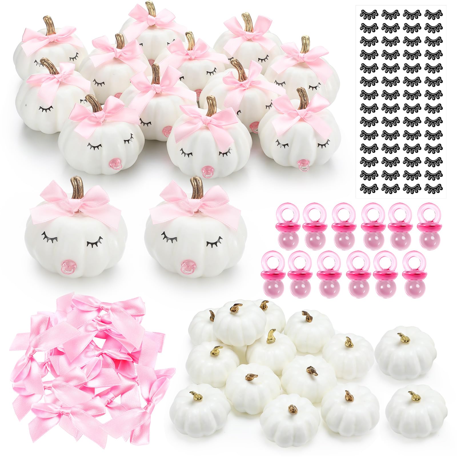 Nuanchu 12 Sets DIY Fall Pumpkin Painting Kit Pumpkin Baby Shower Favors 12 Foam Craft Pumpkins, 12 Pink Bows, 12 Pink Pacifiers, 28 Pairs of Eyelash Sticker for Thanksgiving Birthday Halloween Decor