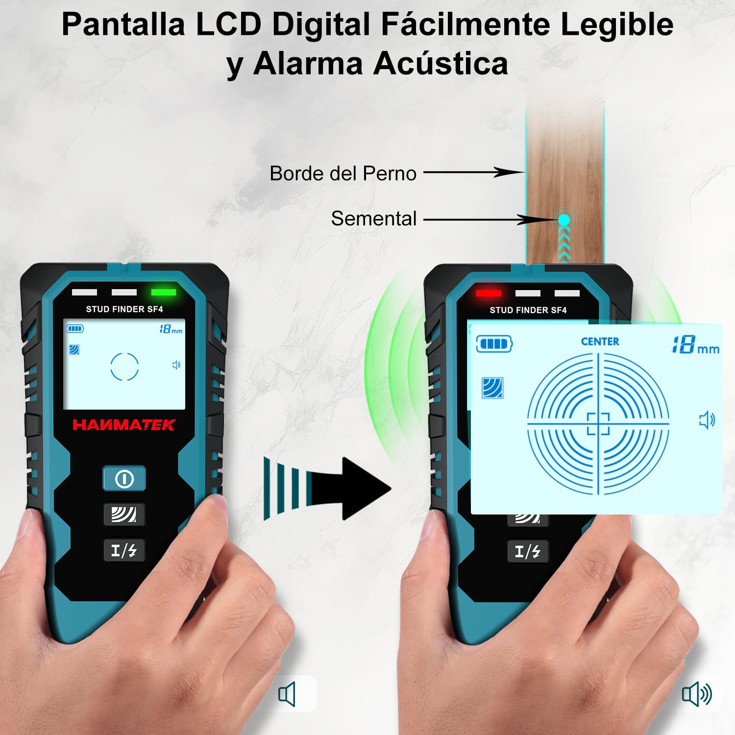 HANMATEK Detector de Vigas y Metales 5 en 1 con Sensor Inteligente, Escáner de Pantalla LCD HD y Alarma Sonora - Escáner de Pared para Metales, Cables CA, Madera y Tuberías - SF4