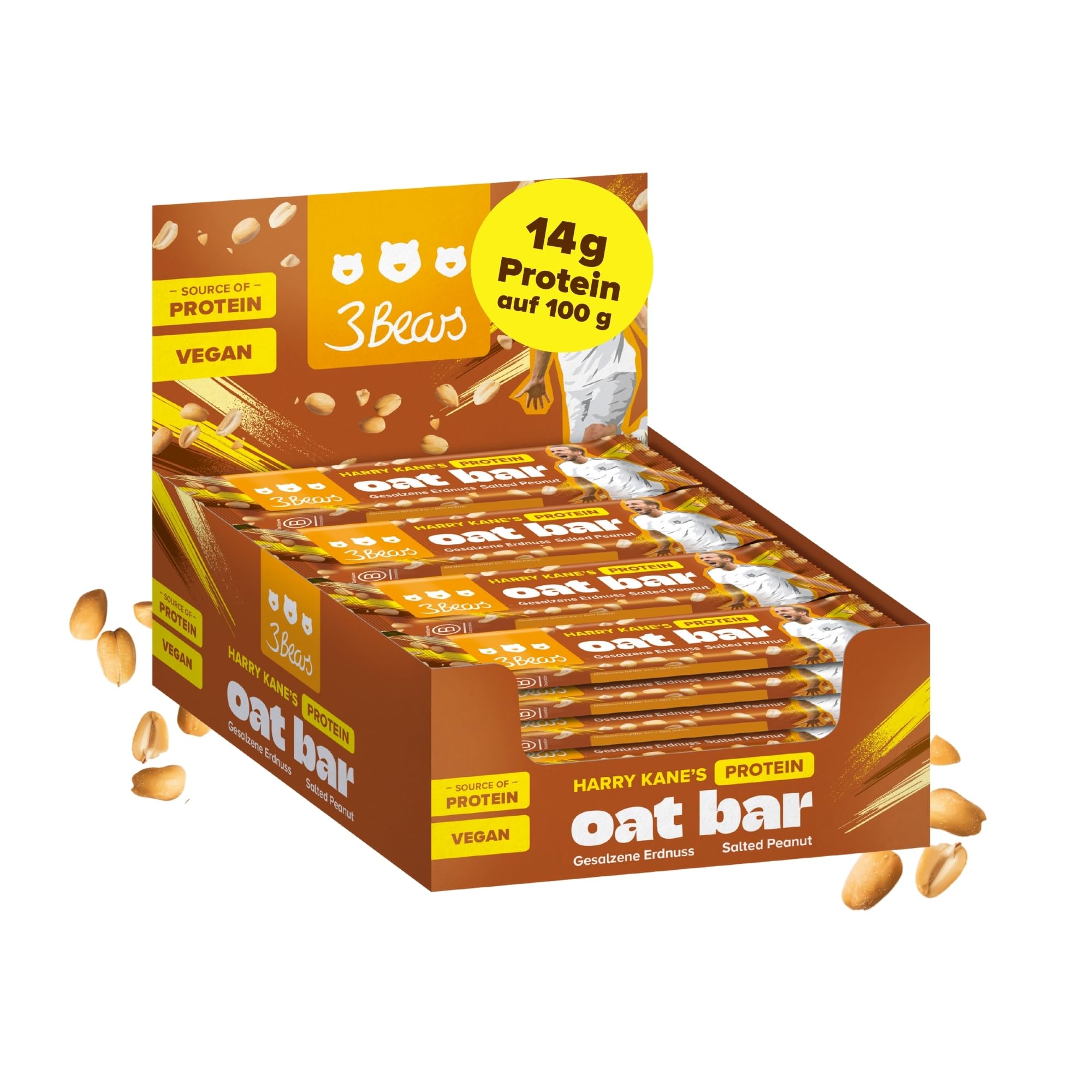 3Bears x Harry Kane’s Protein Oat Bar – Müsliriegel Salted Peanut (16×45g) – 14g Protein auf 100g – Ohne Industriezucker – Ballaststoffreich & vegan – Erdnuss Proteinriegel für Sport & unterwegs