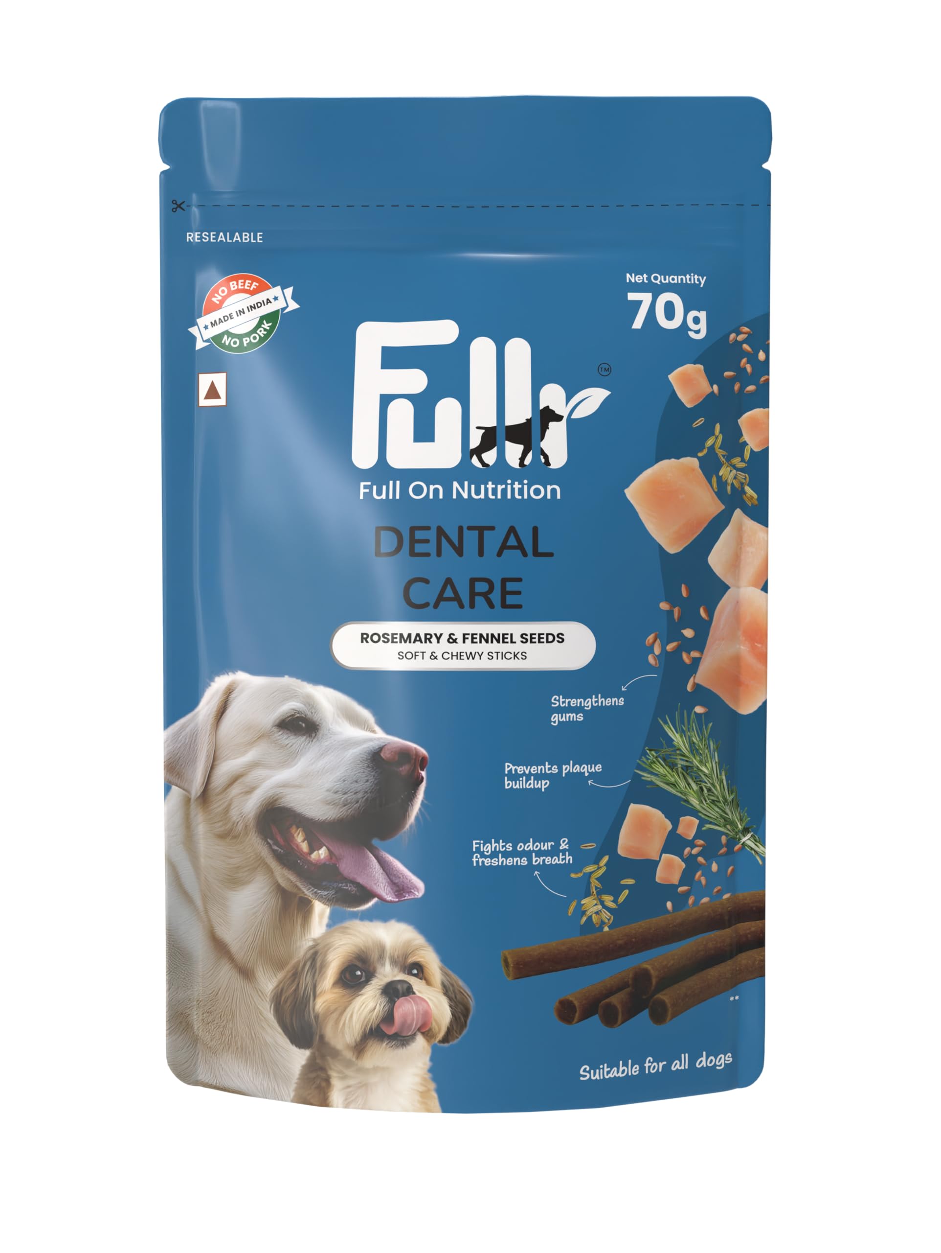 Fullr Dental Care Dog Treats | Soft & Chewy Sticks with Rosemary & Fennel | Supports Oral & Gum Health | Reduces Plaque & Tartar| Freshens Breath | Healthy Treats for All Breeds & All Life Stages, 70g
