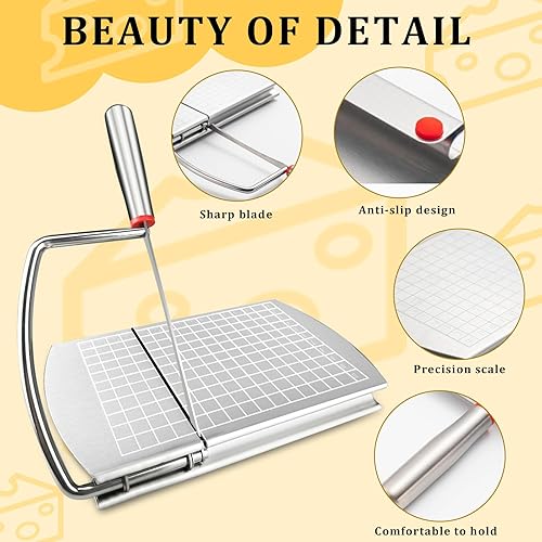 Miniatura 4 de Cortador de queso para bloque de queso, cortador multifuncional de acero inoxidable con cuchilla, tablero cortador de queso con escala de tamaño