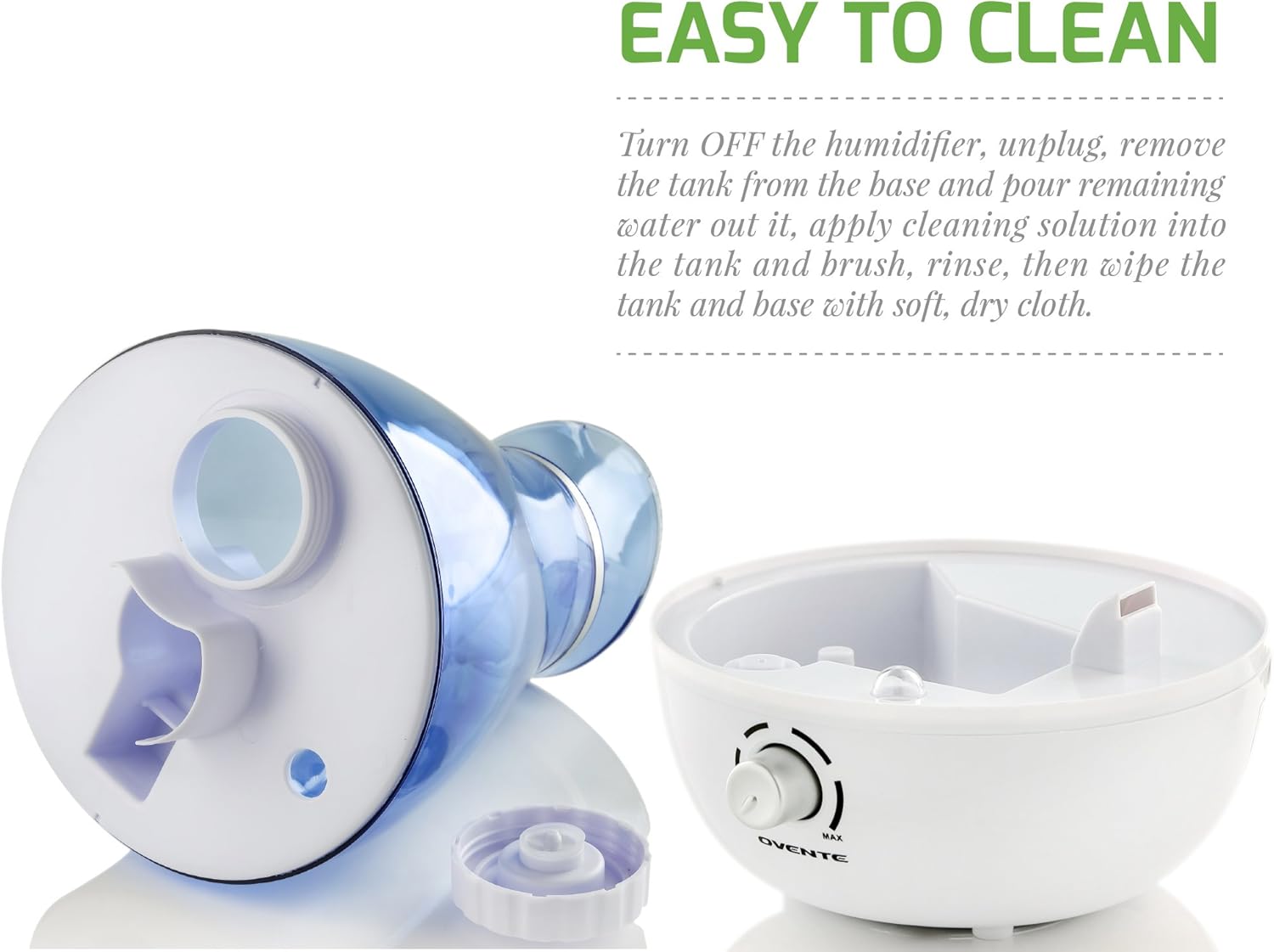 Disassembled Ovente HMD625BL Humidifier showing the tank and base separated for cleaning