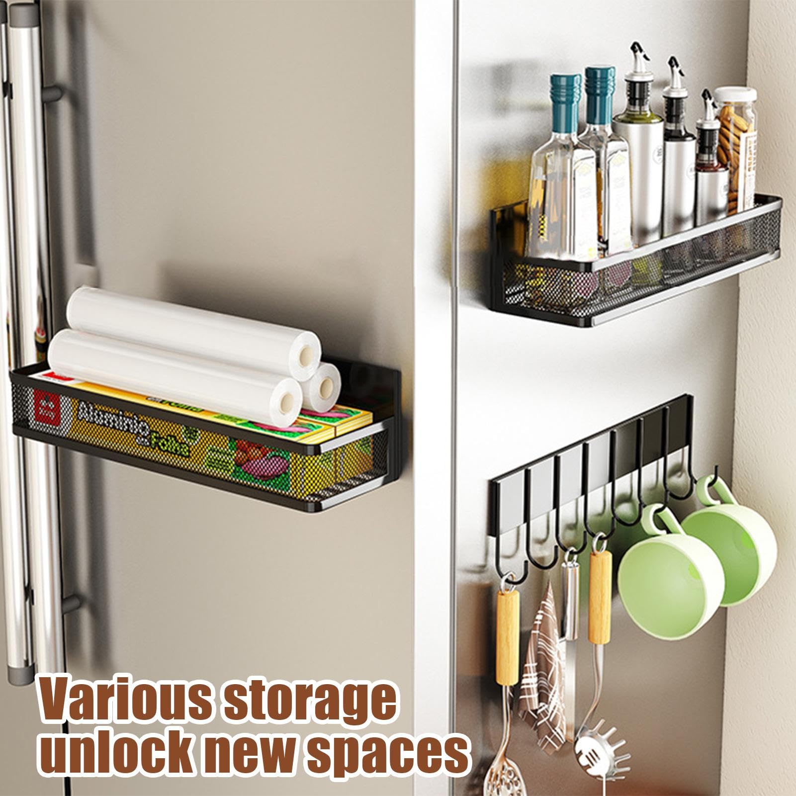 Estante magnético para condimentos para refrigerador, organizador de metal de 3 piezas con ganchos, estante magnético para condimentos para, para cocina, hogar, almacenamiento, gabinete, tarro