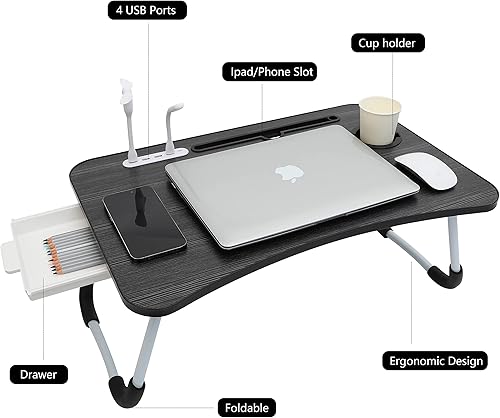 Miniatura 2 de Eternal Wings Escritorio de cama para laptop, mesa plegable portátil con puerto de carga USB, soporte para tazas, cajón de almacenamiento, para