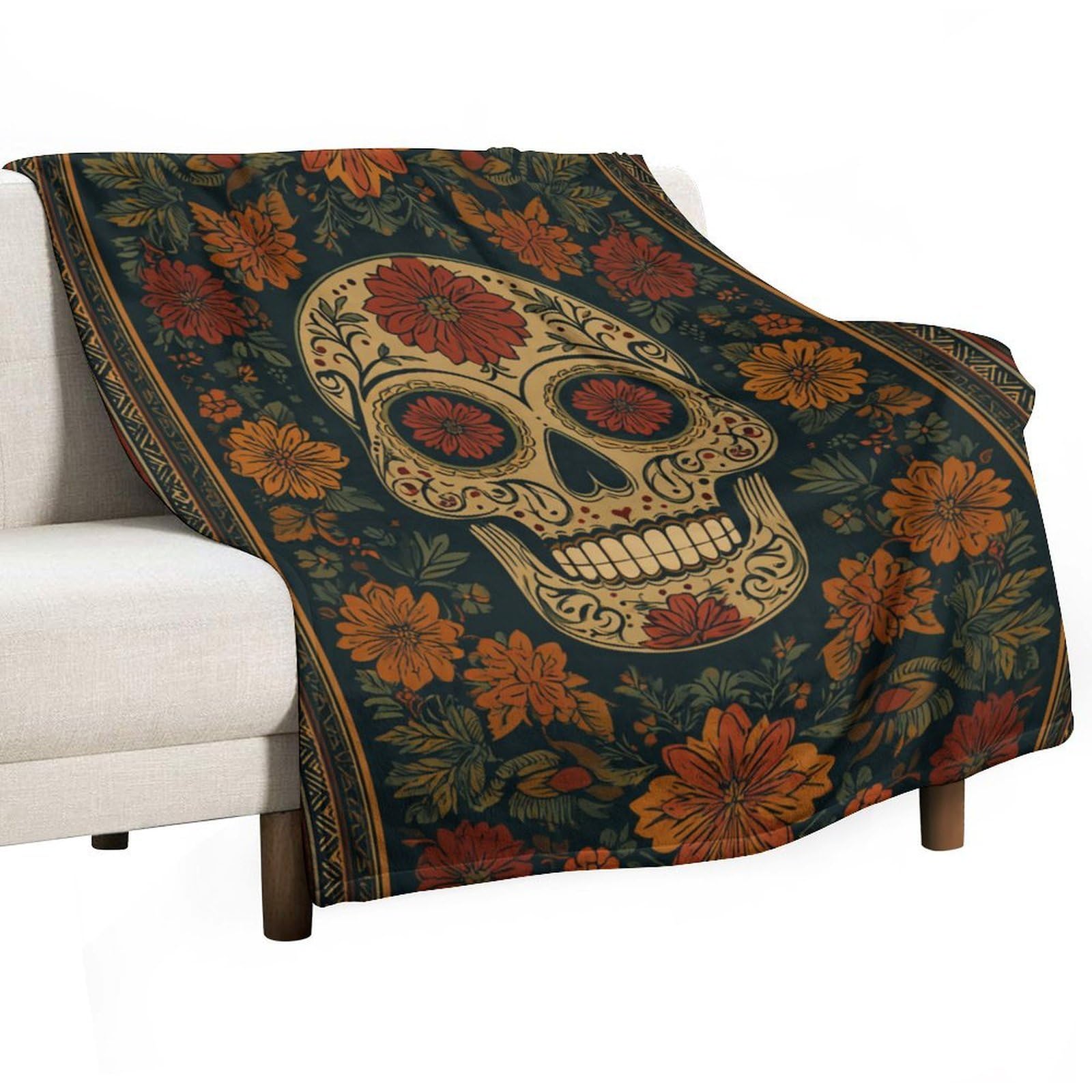 Jeté de lit floral crâne pour canapé salon et chambre à coucher