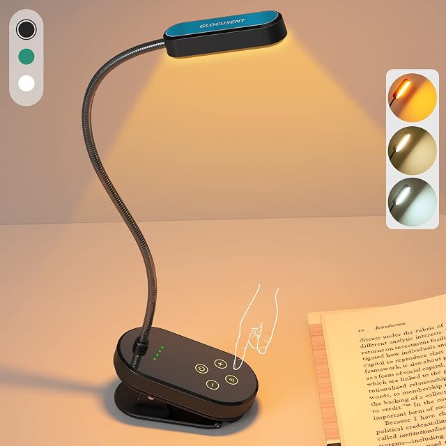 Glocusent 16 LED Reading Light Clip On Book in Bed, Rechargeable Book Light Long Lasting to 80+Hrs, 3 Colours & 5 Brightness Levels, Perfect Reader Gifts for Book Lovers, Kids & Travel