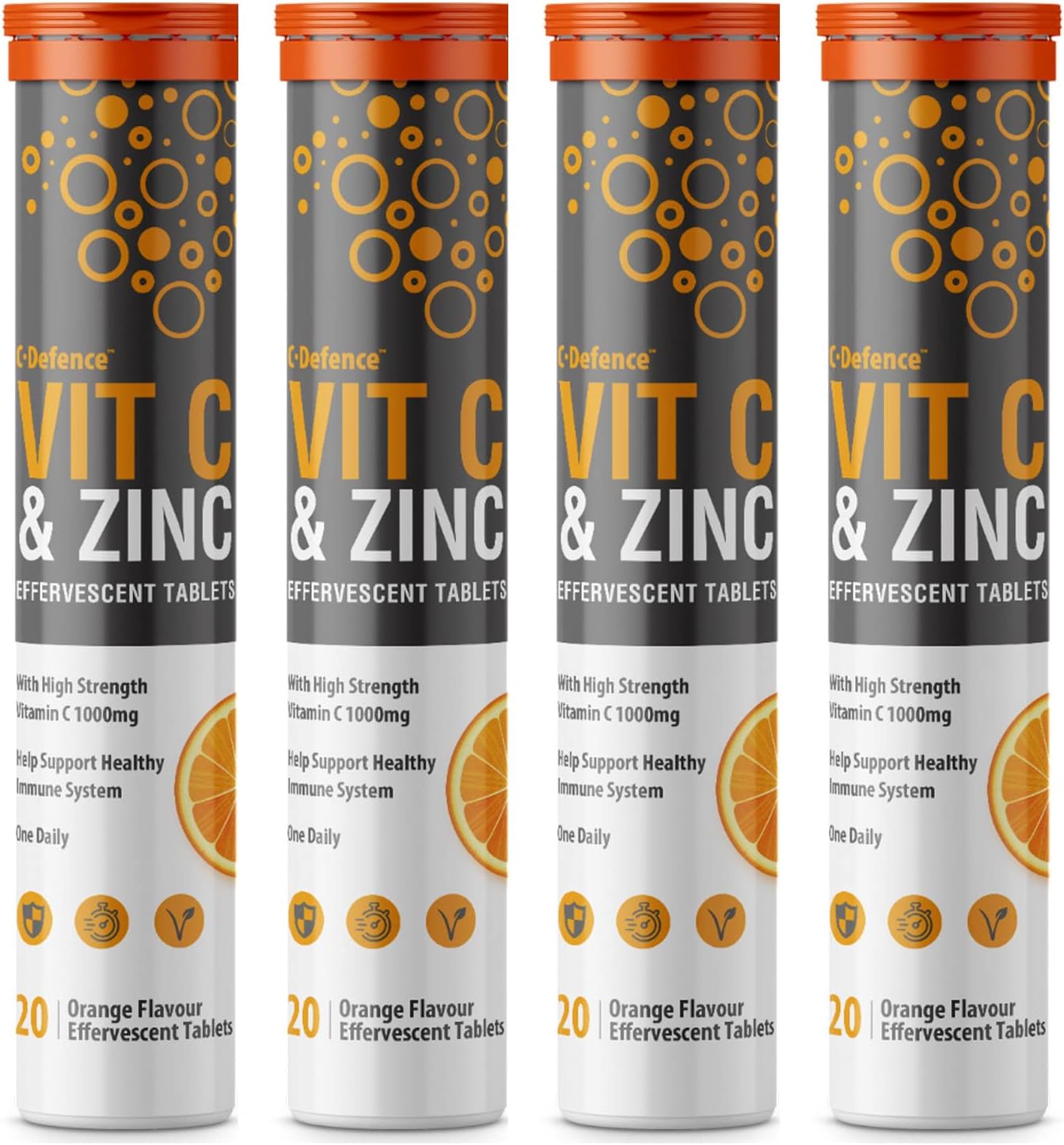 Vitamin C 1000mg & Zinc 15mg Orange Flavour Effervescent Tablets by Club Vits (4 Tubes of 20 Tablets)