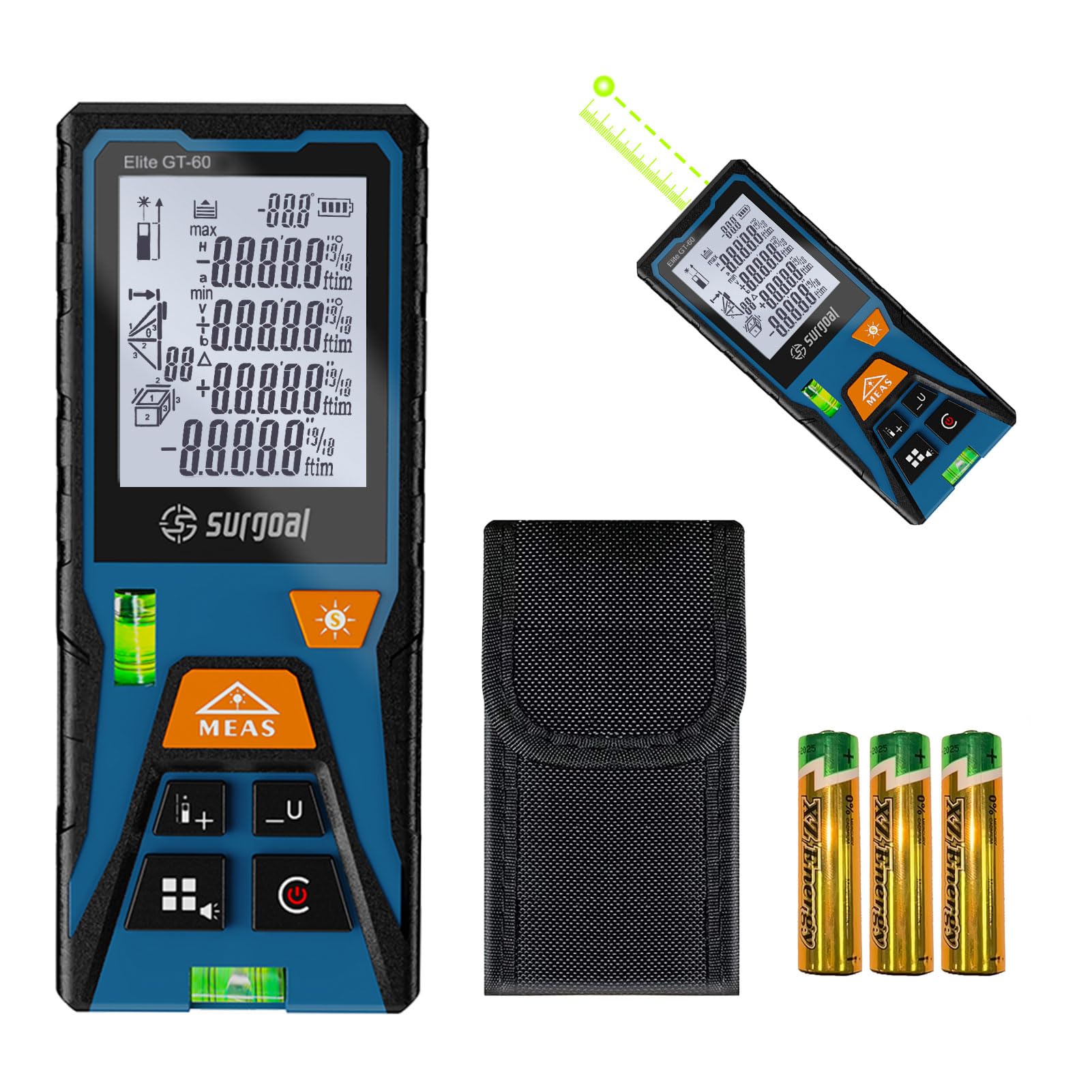 Green Laser Distance Meter 196ft Digital Measuring Tool with Angle Sensor Backlit LCD Area/Volume/Pythagorean ±2mm Class II Handheld Laser Measurer for Construction & DIY AAA Battery Powered