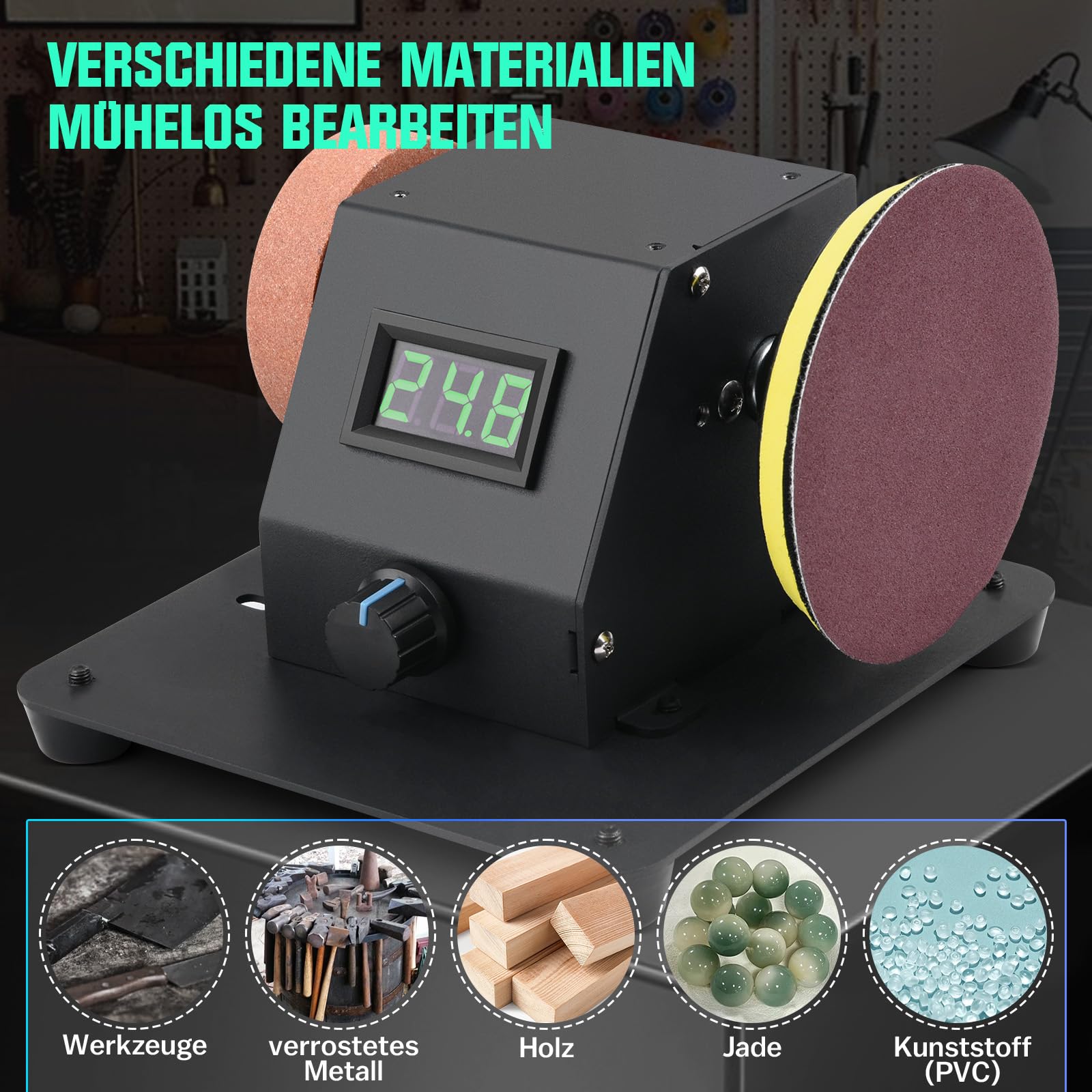 4-IN-1 Mini Tischkreissäge 350W mit LED-Voltanzeige, 0-90° Verstellbarer Bandschleifer mit 10 Schleifbänder, Doppelschleifmaschine, Multifunktionsgerät mit 7-stufig einstellbarer Geschwindigkeit
